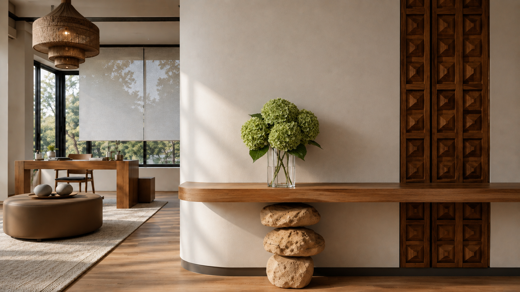 Modern living room with a wooden table, a large beige ottoman with decorative objects, a dining area with chairs, large windows with blinds, and a wooden lattice wall panel. A glass vase with green hydrangeas is on a wooden console table supported by stacked rocks.