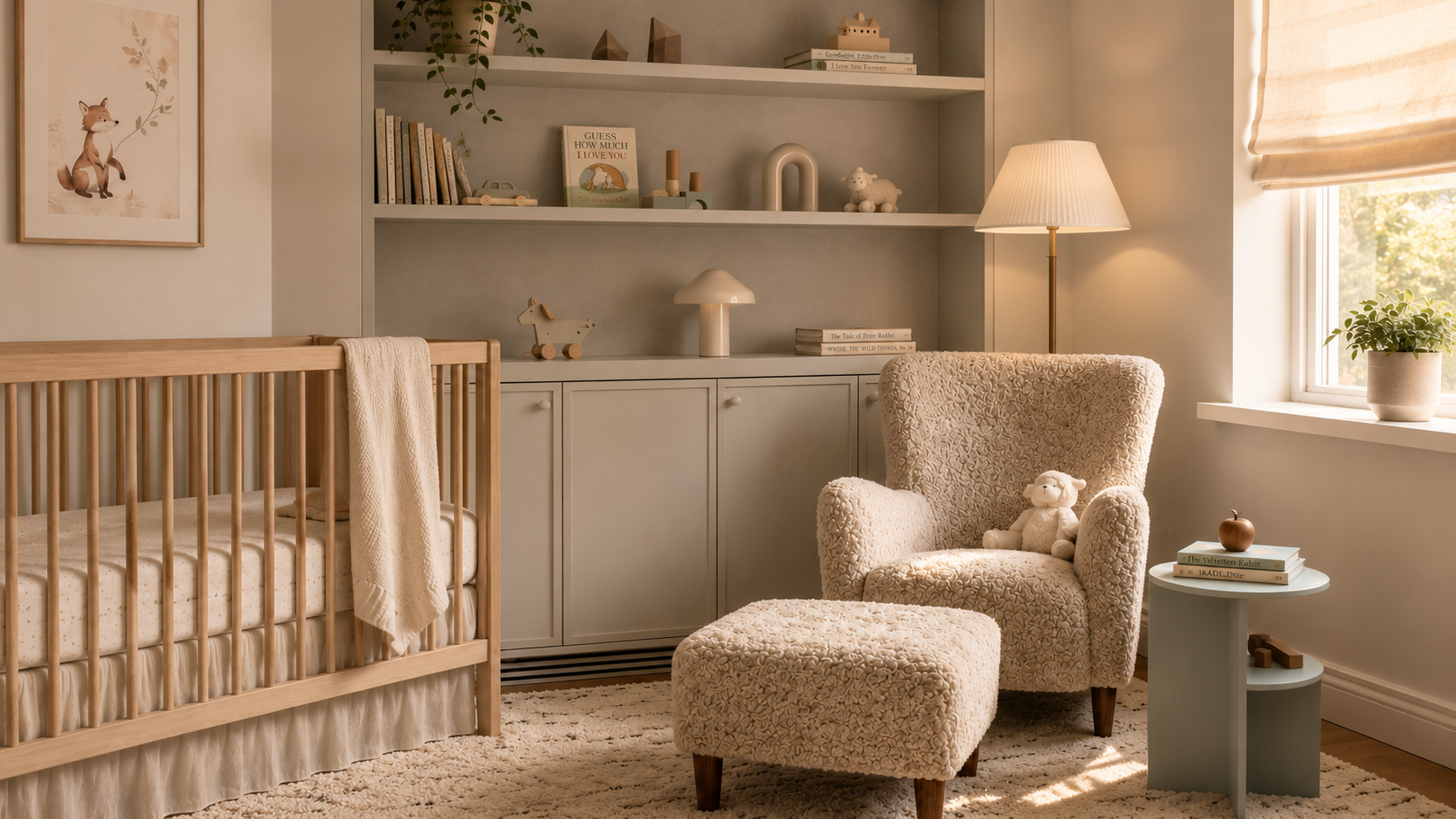 A cozy nursery room with a wooden crib, a plush armchair with a teddy bear, a matching ottoman, a small round side table with books and a decorative item, a built-in bookshelf with children's books and decor, a window with a plant, a lamp, and wall art, all in soft, neutral tones.