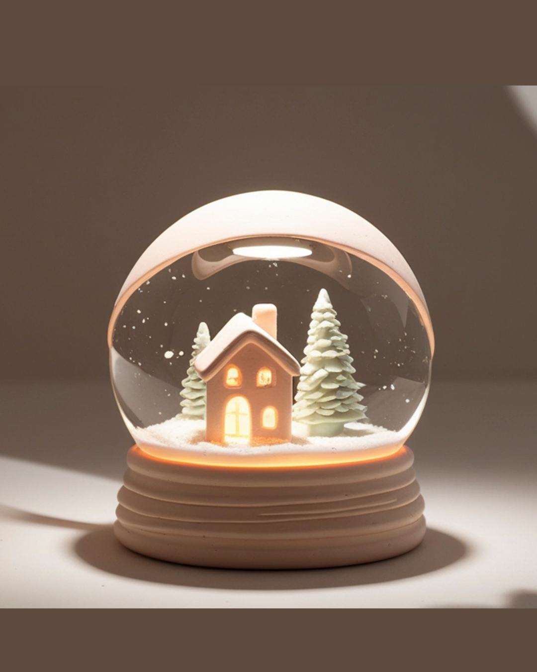 A snow globe featuring a small lit-up house with snow-covered trees inside.
