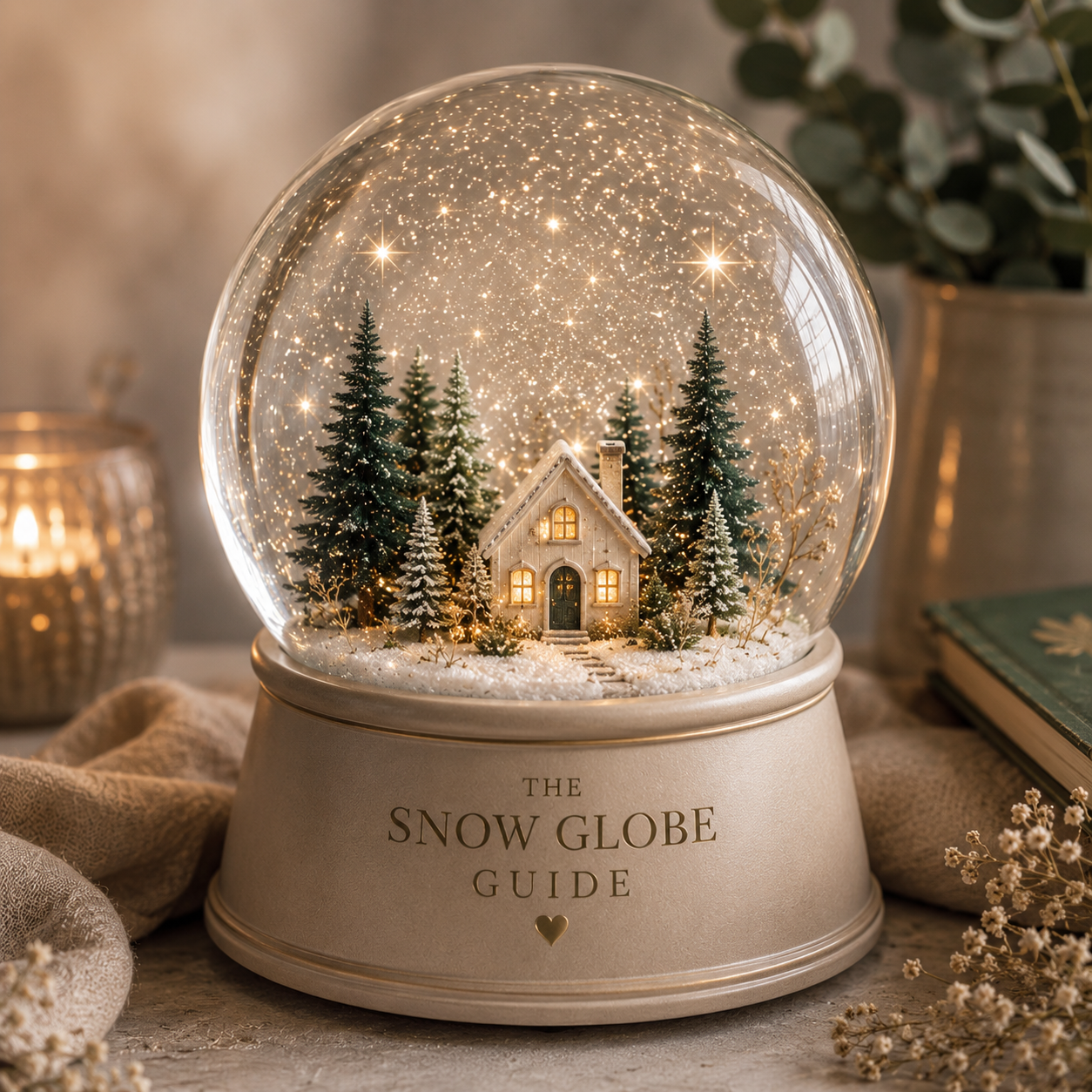 A snow globe featuring a miniature winter scene with a cozy house surrounded by snow-covered pine trees, illuminated from within, with falling snow effects inside the globe.
