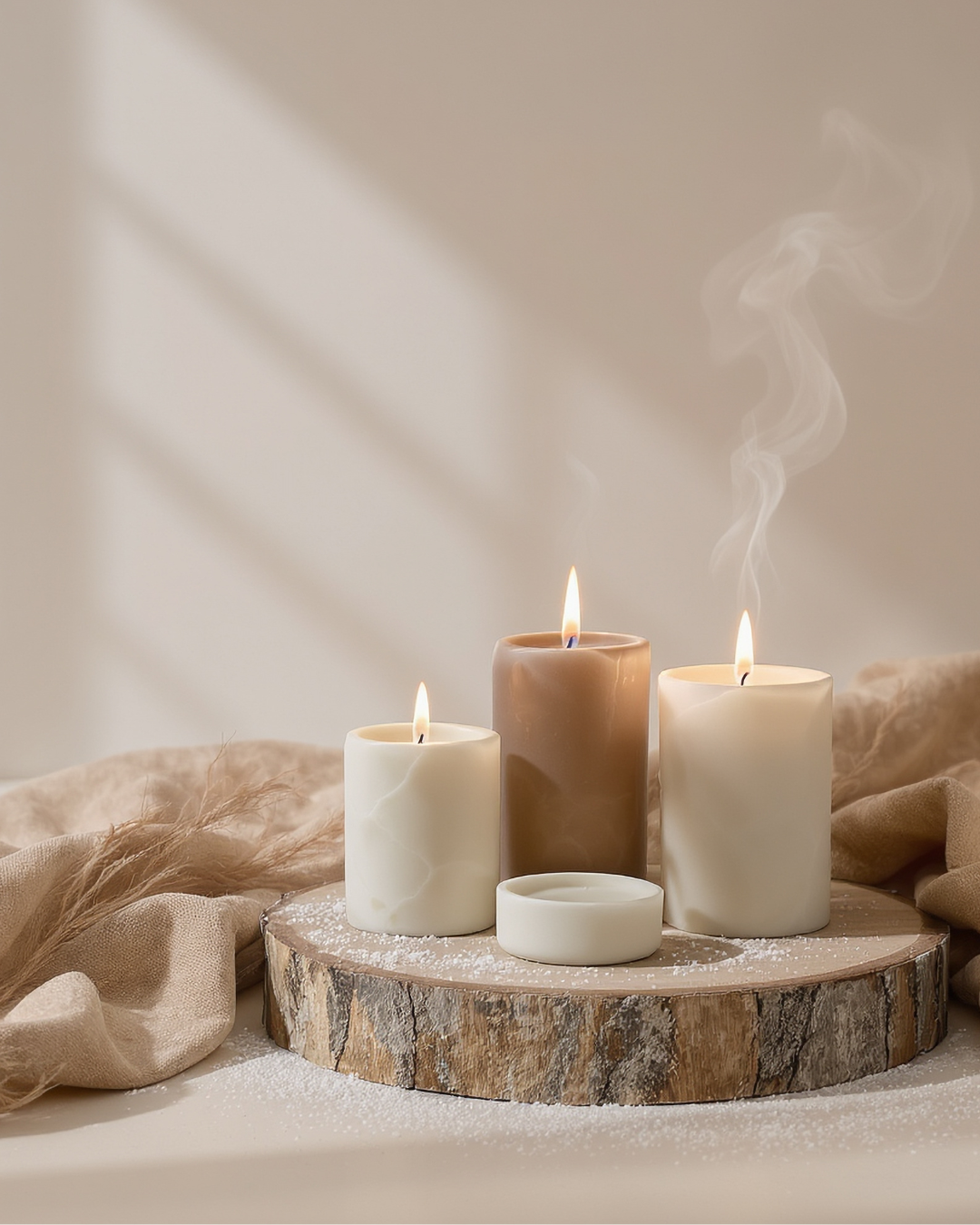 Three lit candles on a wooden slab with a beige cloth and dusting of powder or snow, against a soft beige background with diagonal light rays.