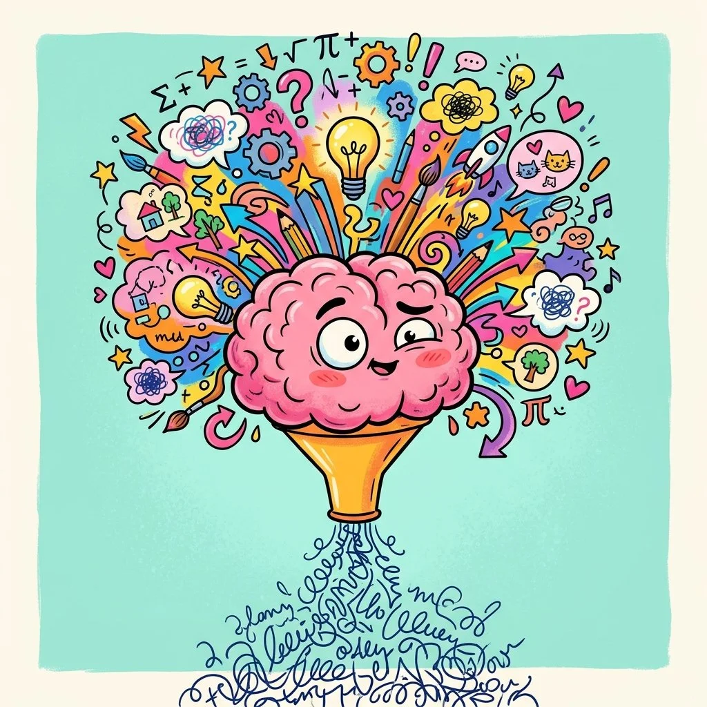 A colorful illustration of a pink brain with a happy face, sitting in a funnel, with various creative and scientific icons, symbols, and light bulbs bursting out as ideas and thoughts, surrounded by a light blue background.