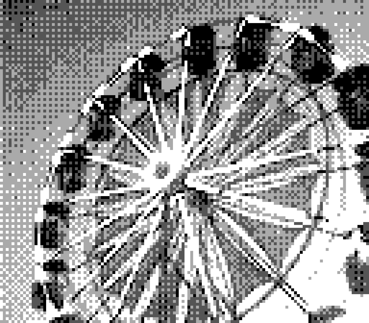 Black and white pixelated photo of a Ferris wheel.