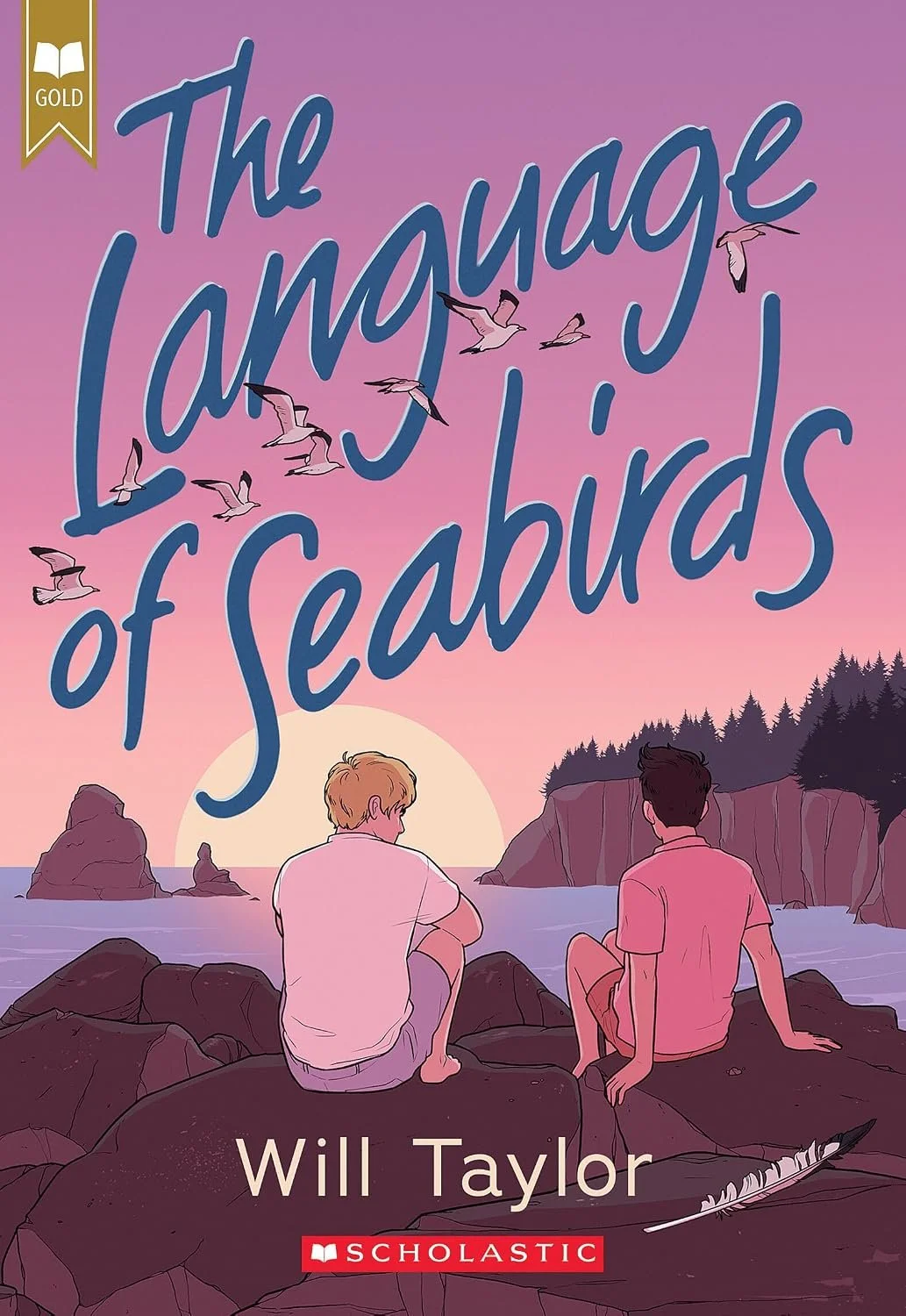 Book cover for "The Language of Seashells" by Will Taylor, featuring two young men sitting on rocks by the ocean at sunset, with seagulls flying in the pink and purple sky.