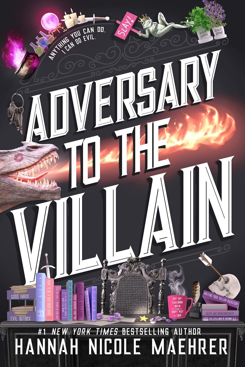 Book cover titled "Aversary to the Villain" by Hannah Nicole Maehre, with illustrations of a dragon, potion bottles, a throne, a cauldron, a skull with an arrow, and various mystical objects, all against a dark background.