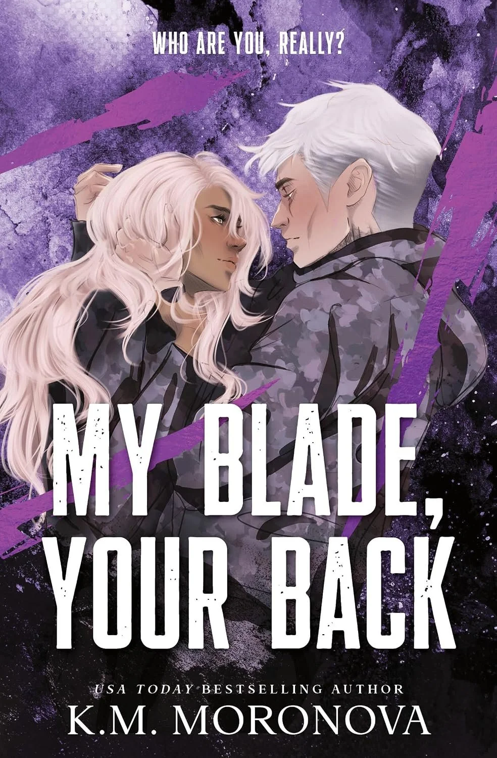 Digital illustration of a man and woman with silver hair gazing at each other against a purple, starry background with paint splatters. The woman has long, flowing hair and tan skin, while the man has pale skin and short hair. The title reads "My Bla