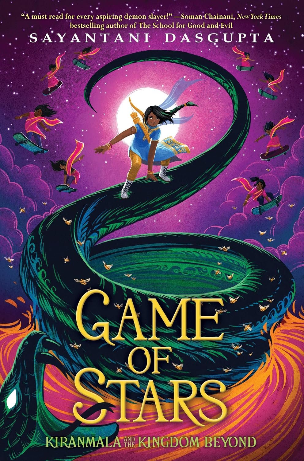 Book cover of 'Game of Stars' by Sayantani DasGupta. The cover depicts a girl in traditional Indian attire riding a large, green, snake-like creature flying through the night sky, surrounded by smaller figures on skateboards and a bright full moon.
