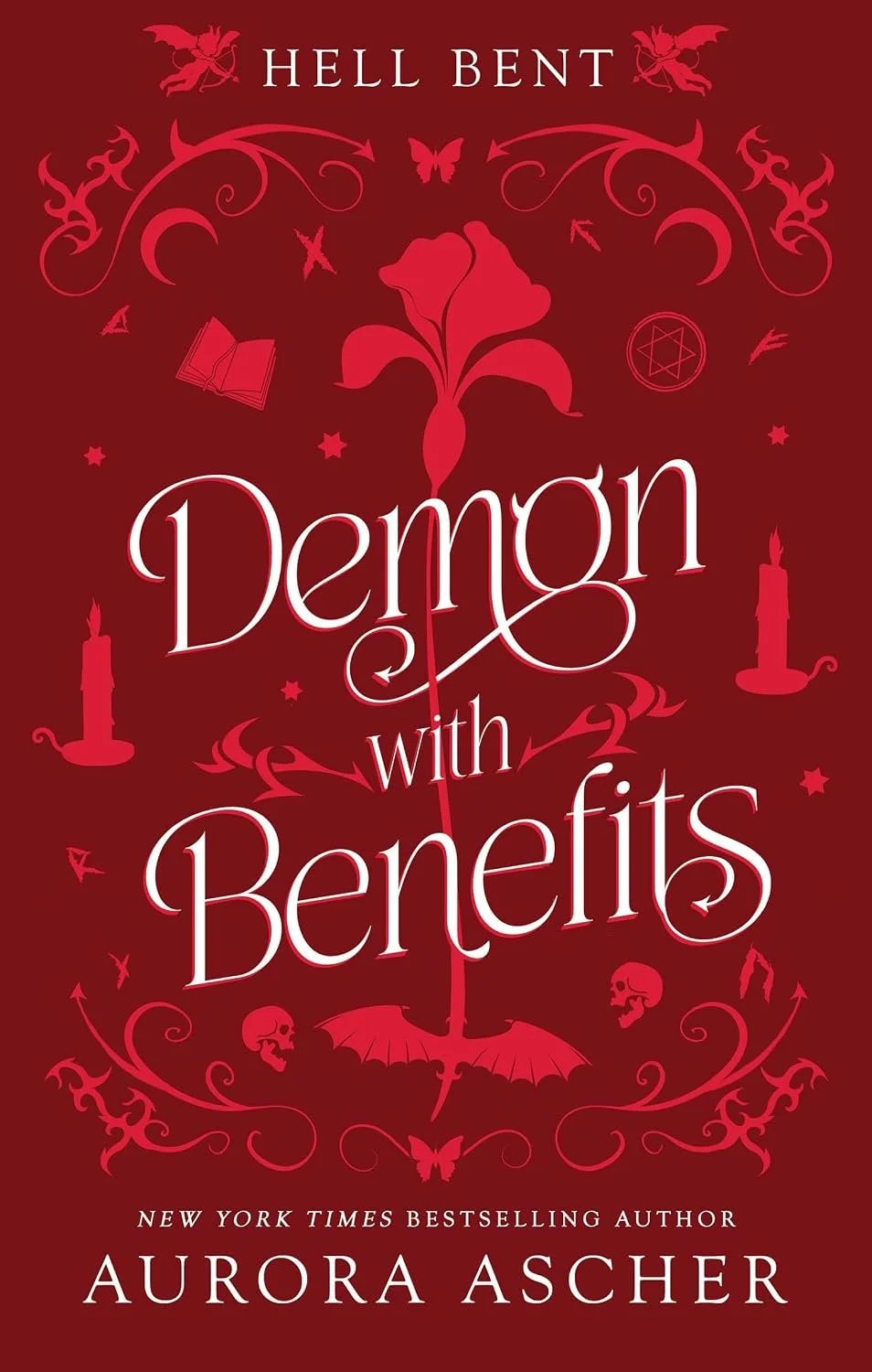 Book cover titled "Demon with Benefits" by Aurora Ascher, featuring a red background with black and pink illustrations of a demon, candles, skulls, butterflies, and mystical symbols.