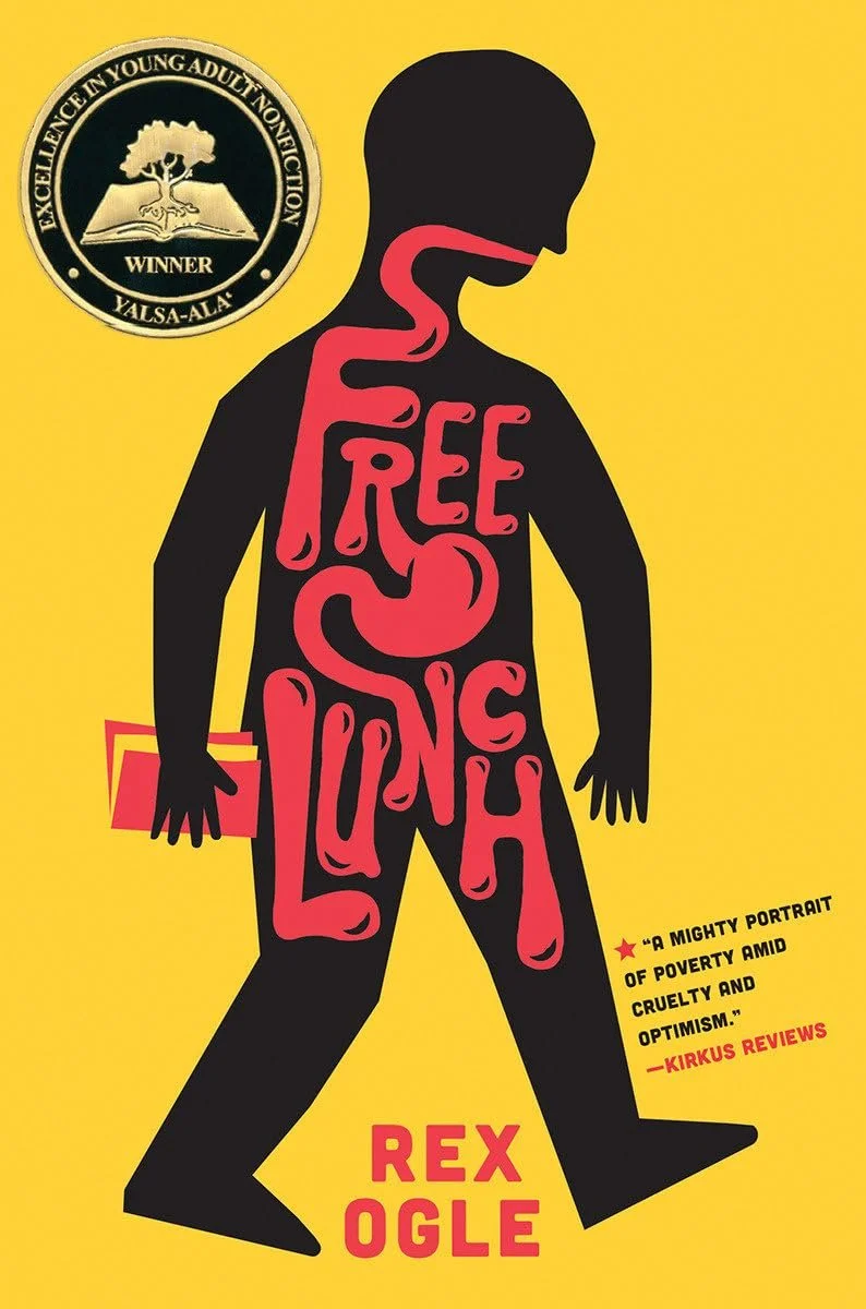 Book cover titled "Free Lung" by Rex Ogle with a silhouette of a person showing internal organs, including lungs, stomach, and intestines, against a yellow background. The illustration incorporates the title within the body outline and has a badge in
