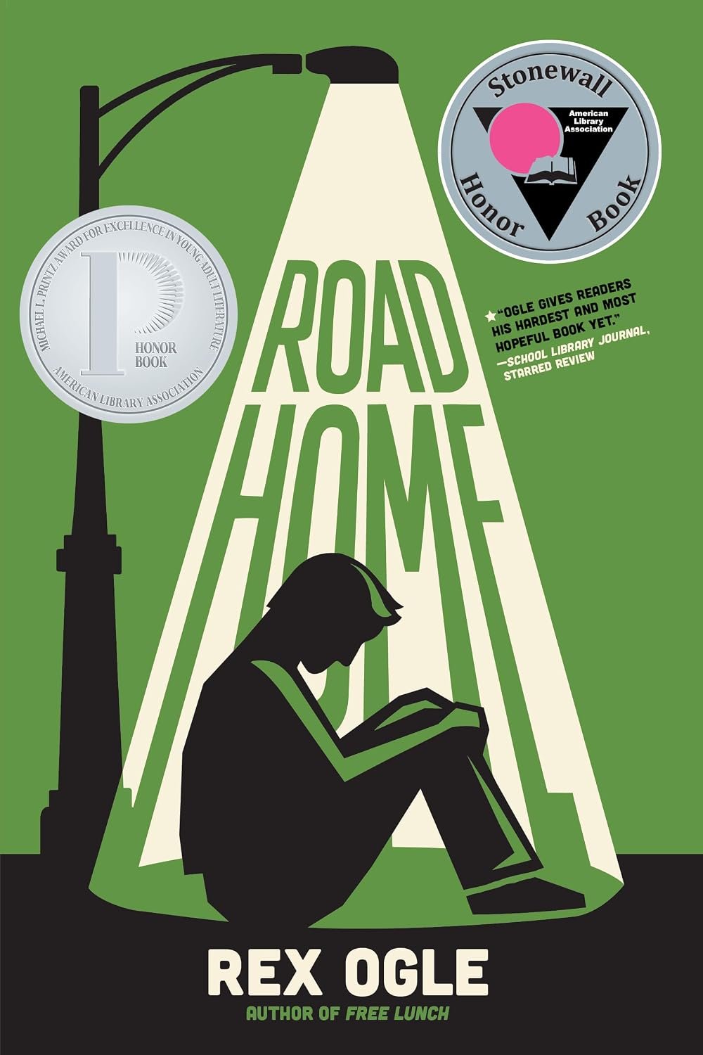 A book cover titled "Road Home" by Rex Ogle. The background is green with an illustration of a person sitting and reading, with a street lamp and book award medals depicted on the cover.