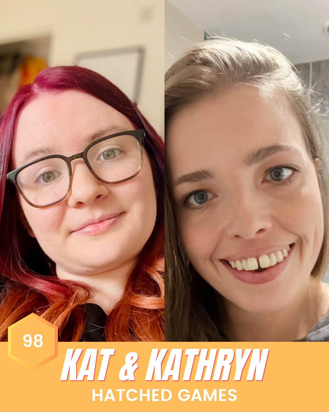 Two images side by side. Kat has long red hair and is wearing a black shirt and glasses. Kathryn is smiling at the camera, has long blonde hair and is wearing a grey shirt.