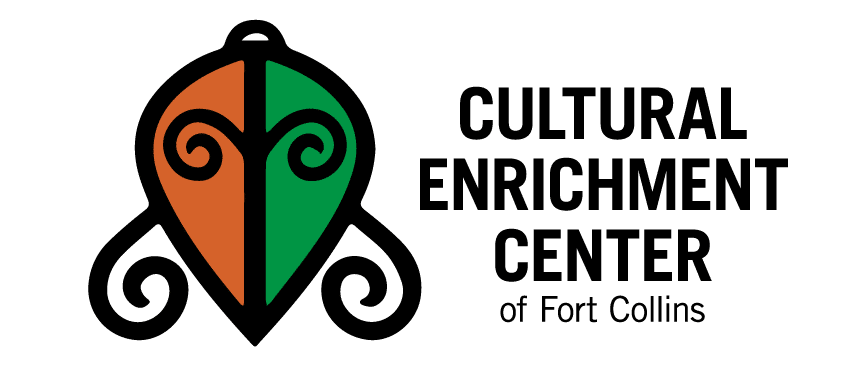 Cultural Enrichment Center of Fort Collins logo featuring a stylized African symbol in black, orange, and green with symmetrical spiral motifs, alongside the text “Cultural Enrichment Center of Fort Collins.”wer of diversity.'