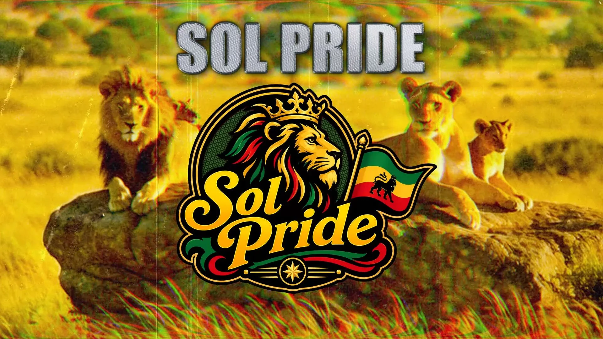 Banner with the text 'Sol Pride' and a logo featuring a lion with a rainbow-colored mane and a flag with a lion emblem, set against a background of three lions resting on a grassy plain.
