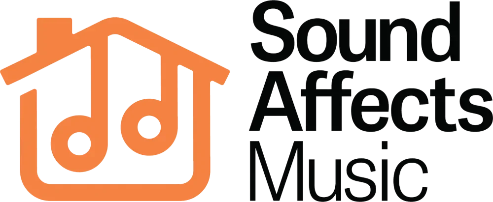 Sound Affects Music logo with an orange house outline formed by musical notes, symbolizing how music enriches life, next to the words “Sound Affects Music” in bold black text.