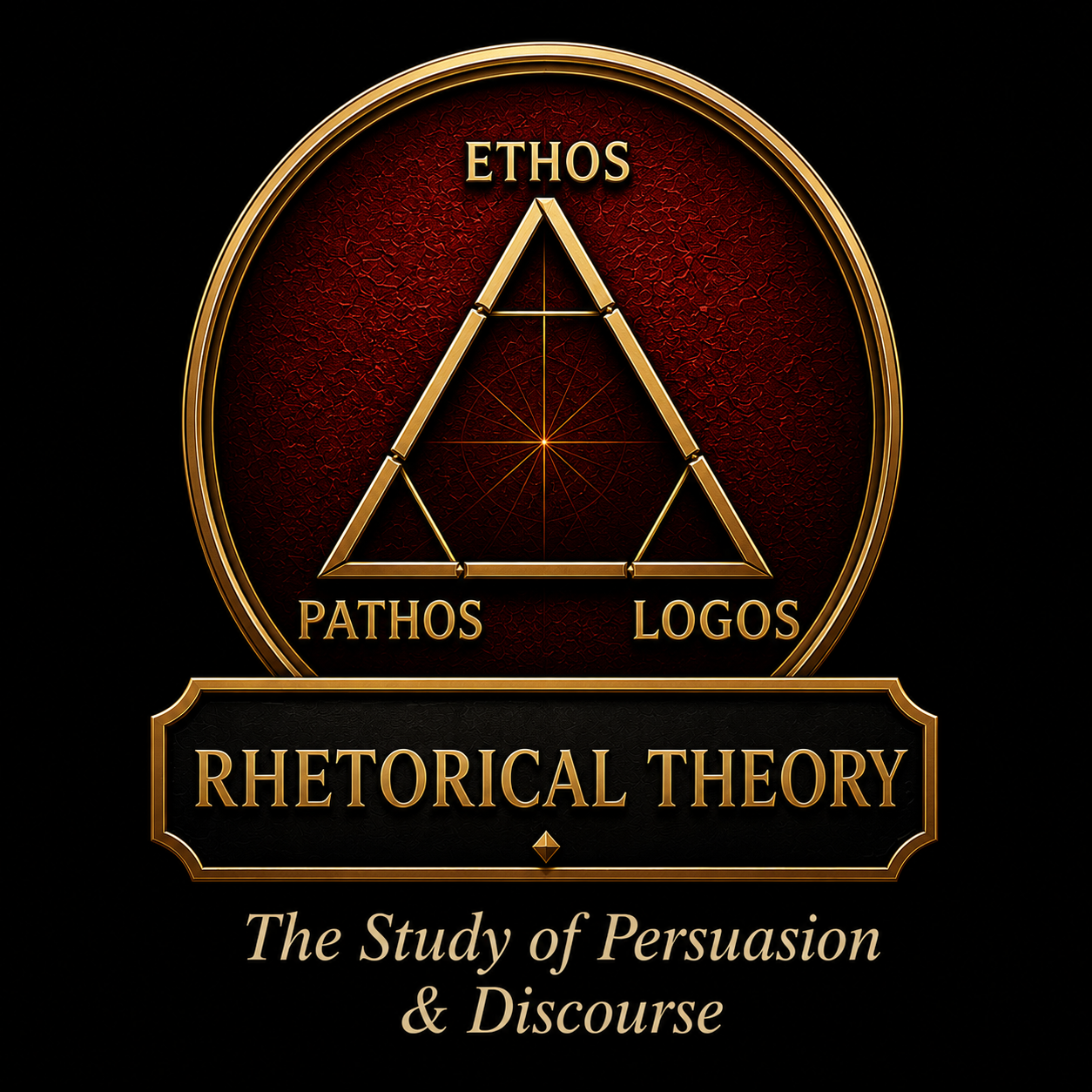 A gold and red emblem with a triangular design, labeled 'Ethos,' 'Pathos,' and 'Logos,' with the title 'Rhetorical Theory' and the tagline 'The Study of Persuasion & Discourse'.