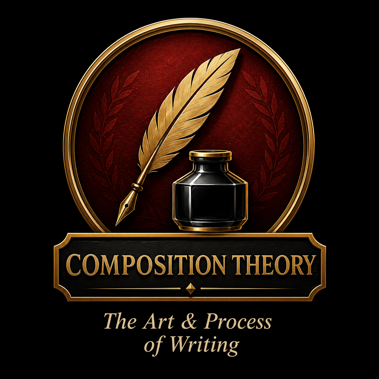 A logo for 'Composition Theory: The Art & Process of Writing' featuring a gold quill, ink bottle, and laurel branch on a circular red background with gold borders.