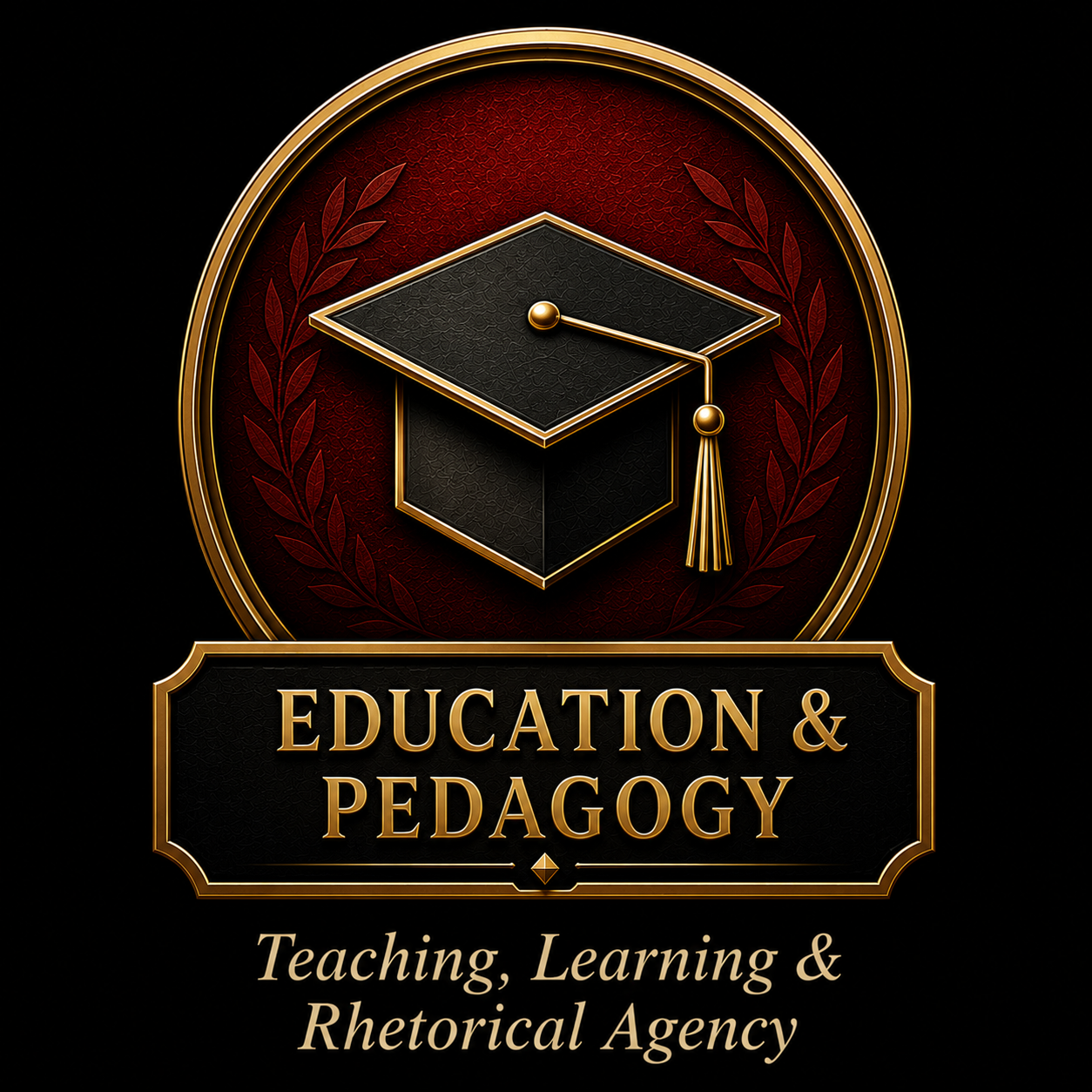 Gold-edged emblem featuring a black graduation cap with a tassel, encased in a red laurel wreath, and the text 'Education & Pedagogy' with the tagline 'Teaching, Learning & Rhetorical Agency' below.