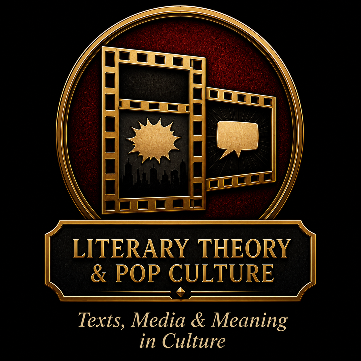 Gold and black emblem with film strip frames, a city skyline silhouette, a speech bubble, and a sunburst graphic, with text reading "Literary Theory & Pop Culture" and subtitle "Texts, Media & Meaning in Culture."
