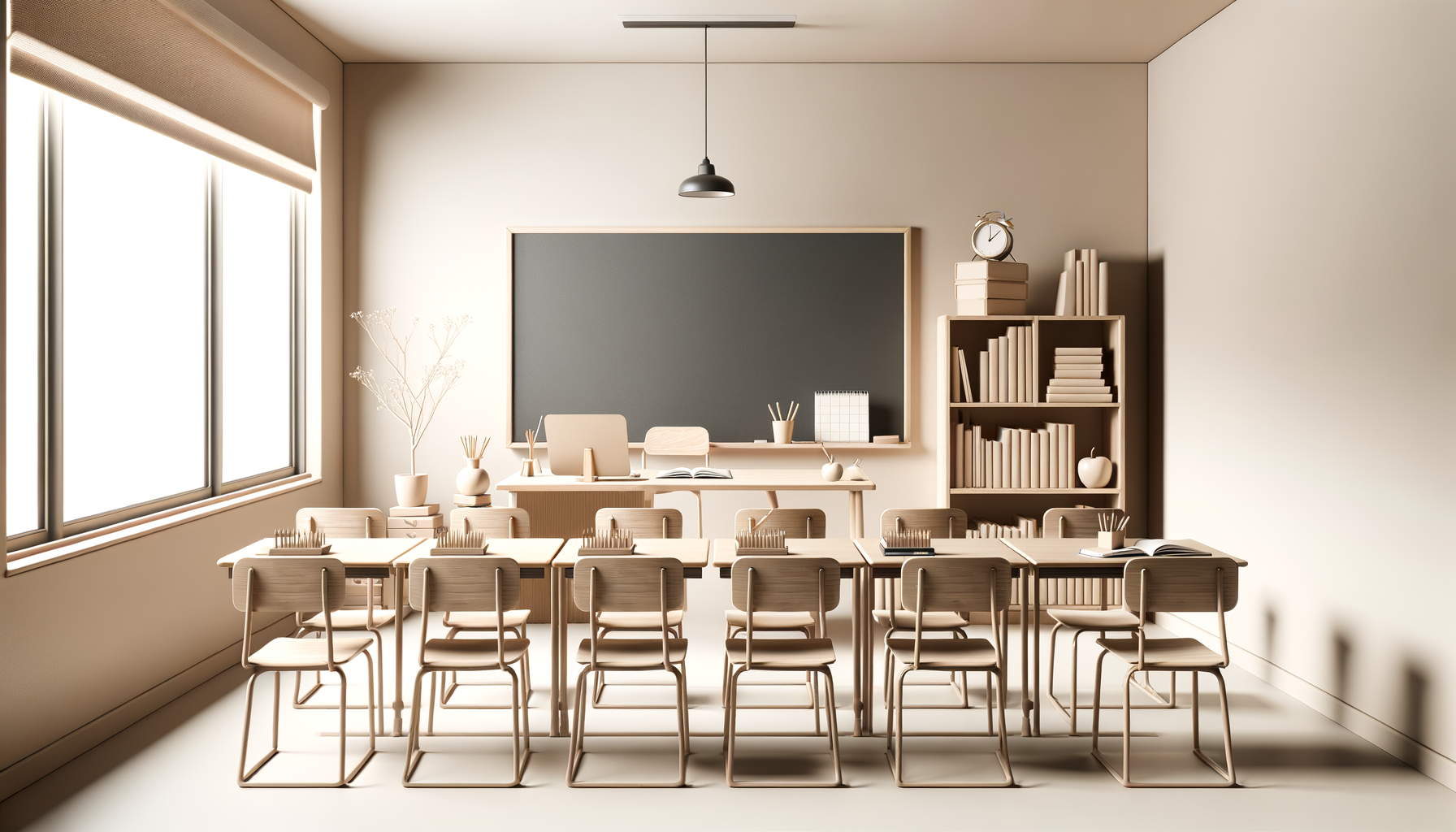 Empty classroom with beige walls, sunlight coming through large windows, wooden desks and chairs, a blackboard, and shelves with books and decorations.