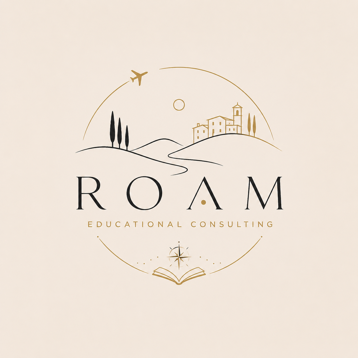 Logo for ROAM Educational Consulting featuring a minimalist landscape with a hill, trees, buildings, and a plane flying over, with a compass, book, and circular design.