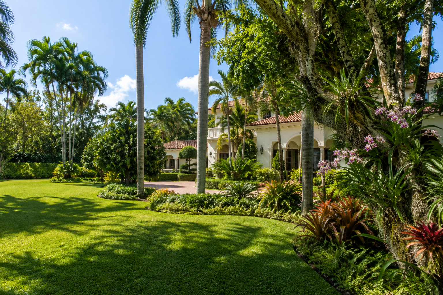 Lush tropical garden in front of a white house with red tile roof, tall palm trees, green plants, and colorful flowers under bright blue sky.