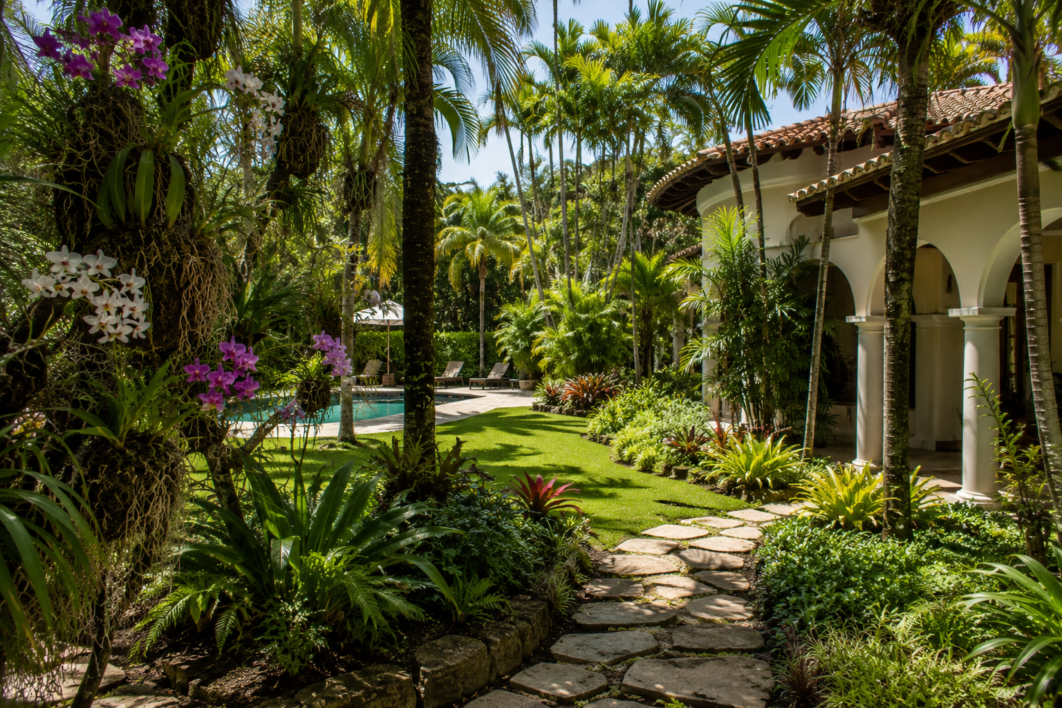 Tropical garden with lush green plants, flowering orchids, palm trees, a stone pathway, and a house with arches and tiled roof, near a swimming pool.