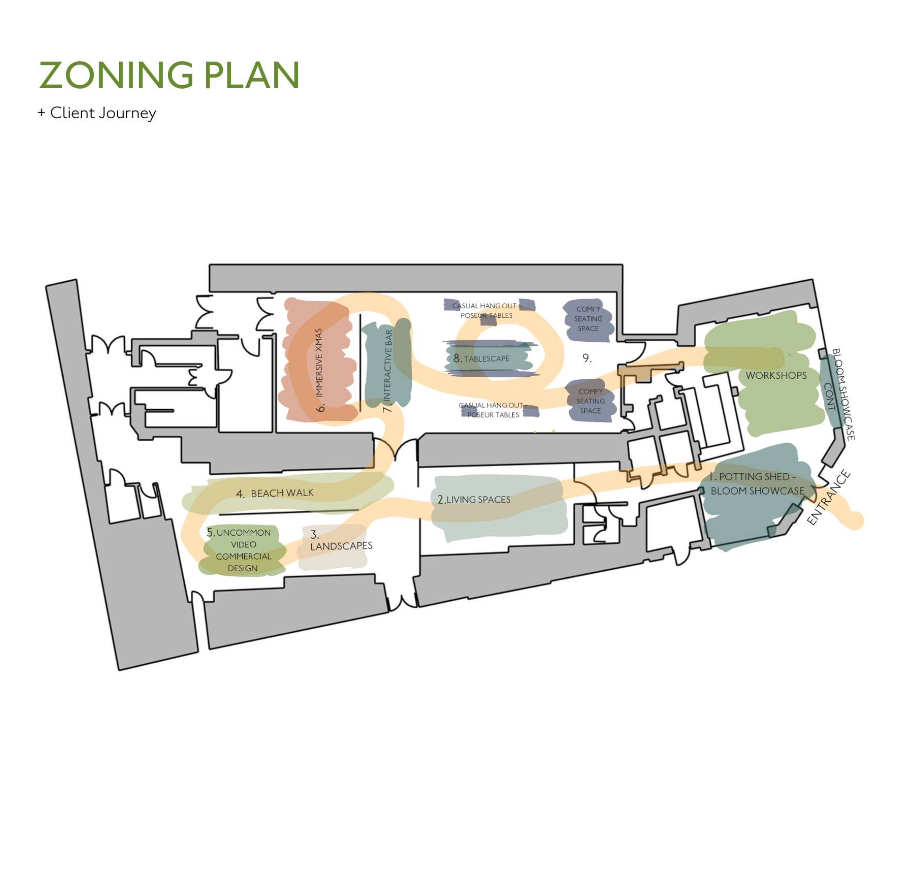 Zoning plan for an immersive event, showing the different environments, activities and visitor areas across the space.