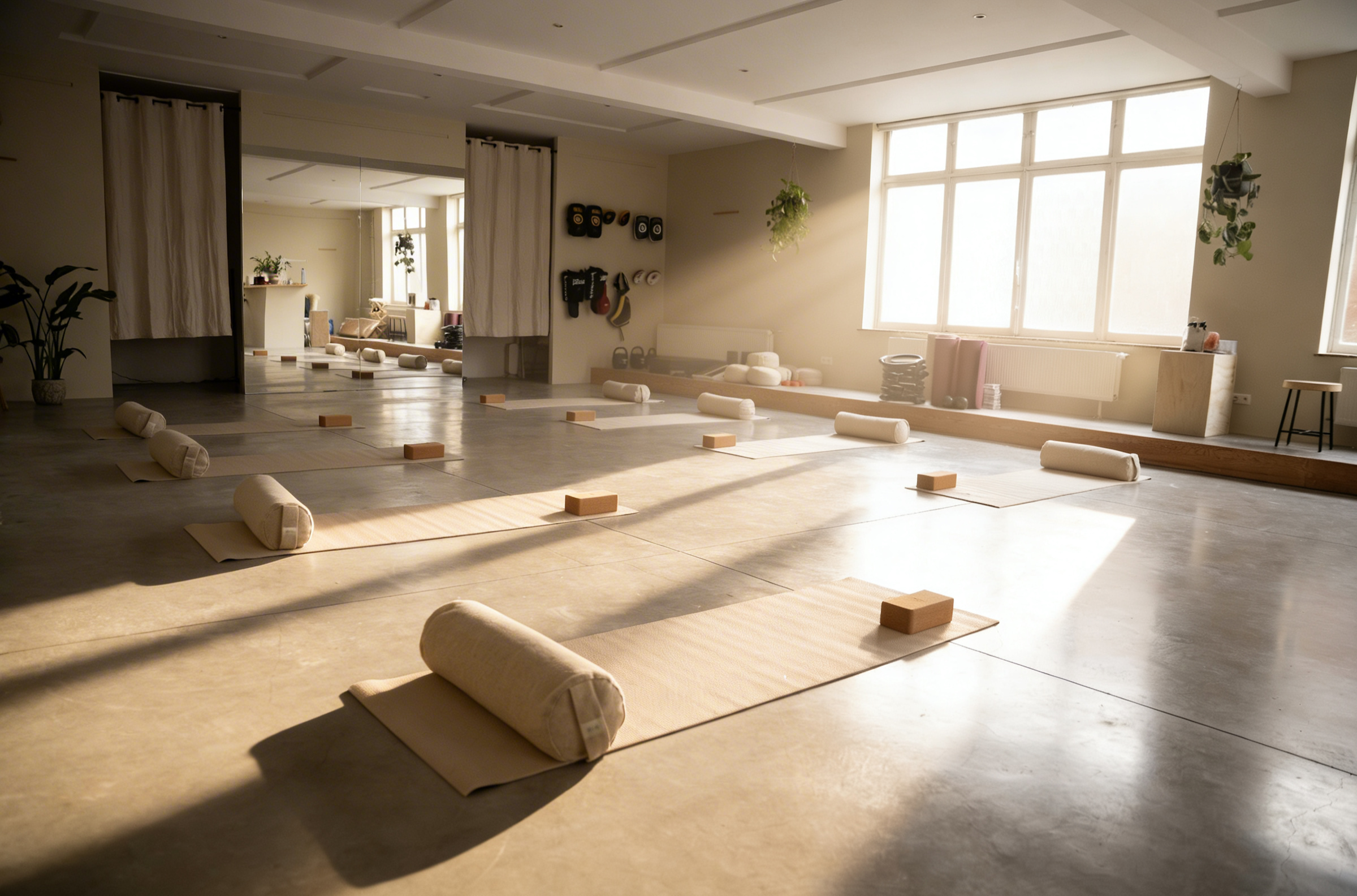 Salle de yoga ou méditation avec des tapis, rouleaux, blocs de yoga, et plantes en pot, éclairée par une grande fenêtre.
