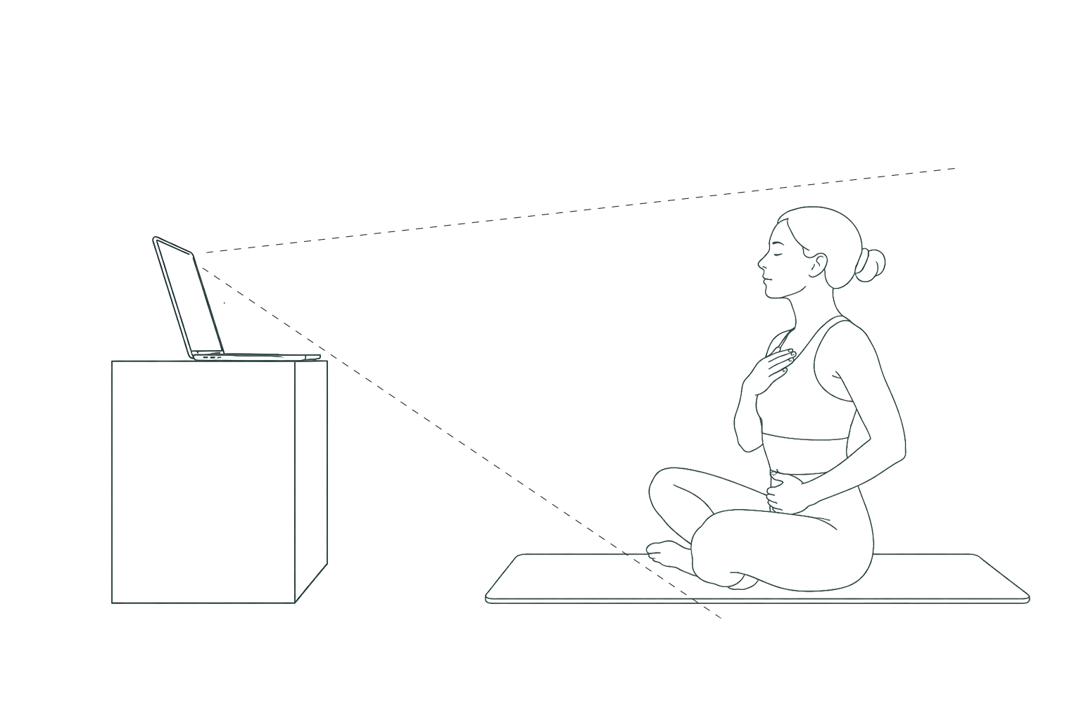 Une illustration en ligne montrant une femme assise en position de yoga devant un ordinateur, en train de pratiquer une méditation ou une respiration consciente.