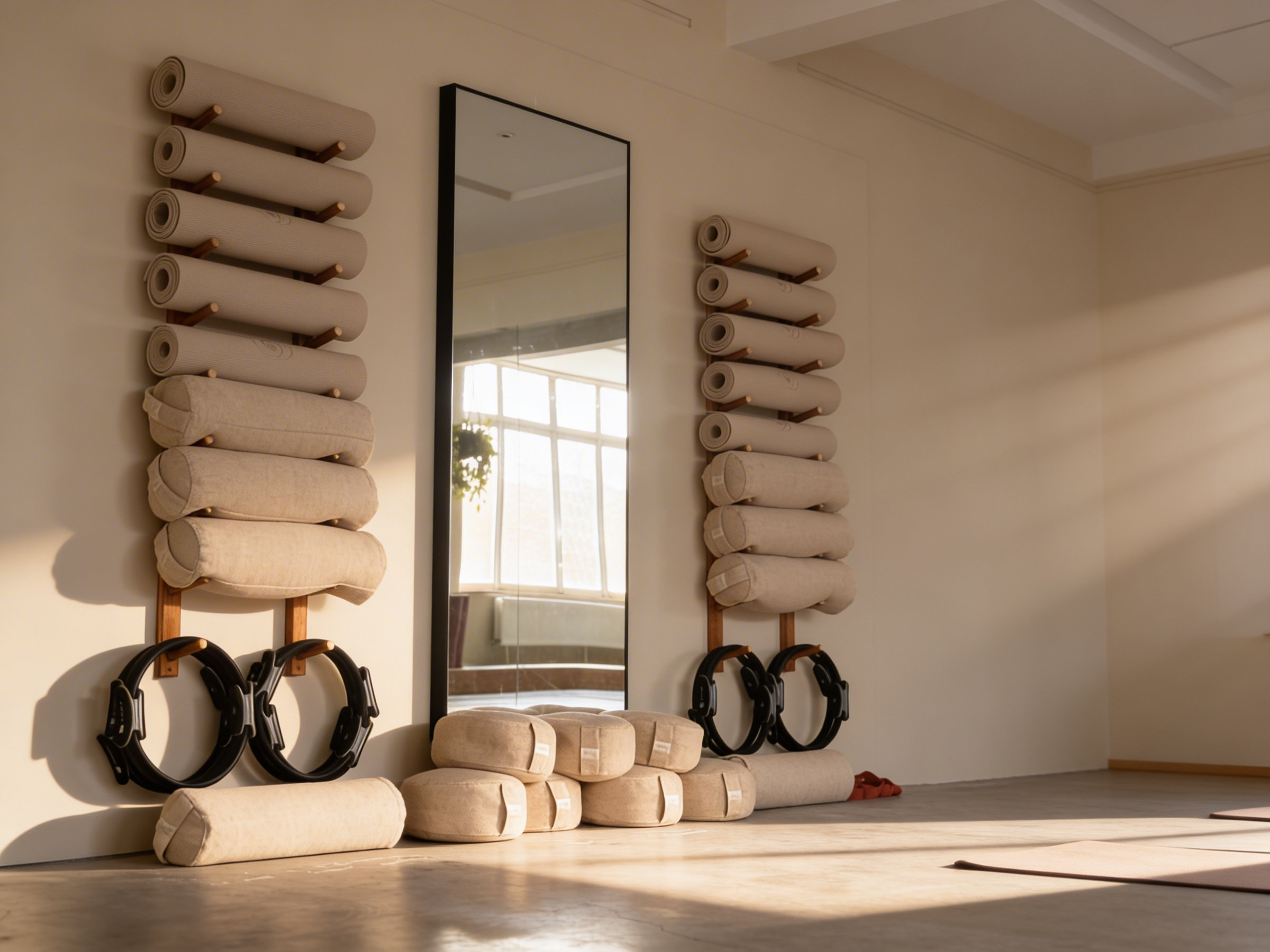 Une salle de sport ou de yoga avec des tapis roulés, des coussins et des haltères suspendus au mur, avec un miroir et une fenêtre en arrière-plan.