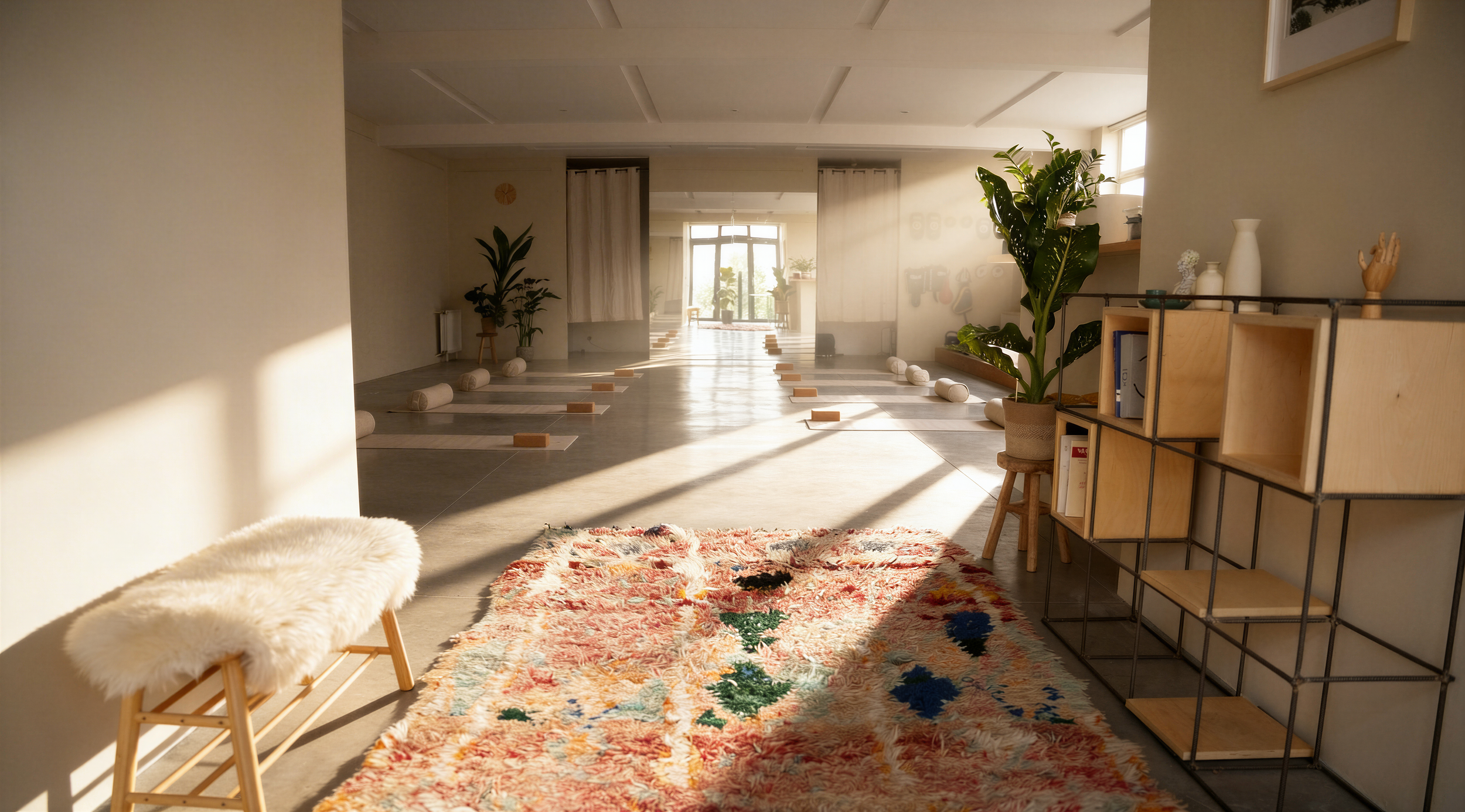 Salon intérieur avec tapis coloré, plantes en pot, étagère en bois, fauteuil en Sheepskin blanc, et lumière naturelle.