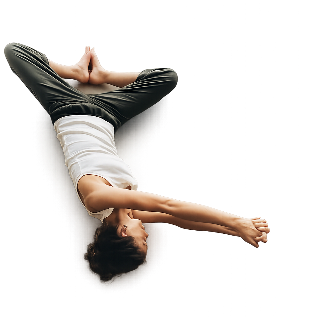 Femme pratiquant la posture du chien tête en bas lors d'une séance de yoga, assise sur un sol sombre, portant un t-shirt blanc et des pantalons noirs.
