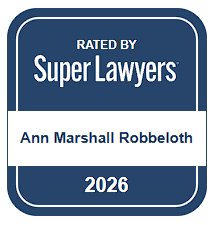 Badge with a dark blue border and white background, stating 'Rated by Super Lawyers, Ann Marshall Robbeloth, 2026.'