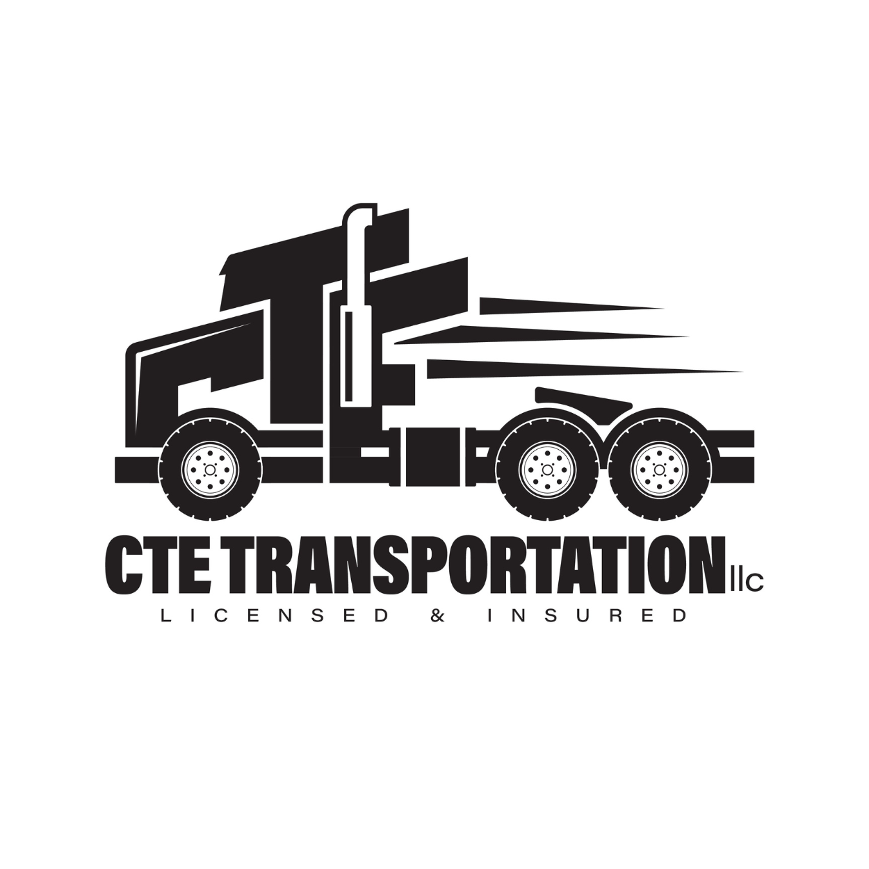Black and white logo of a semi-truck with the text 'CTE Transportation LLC Licensed & Insured' beneath it.