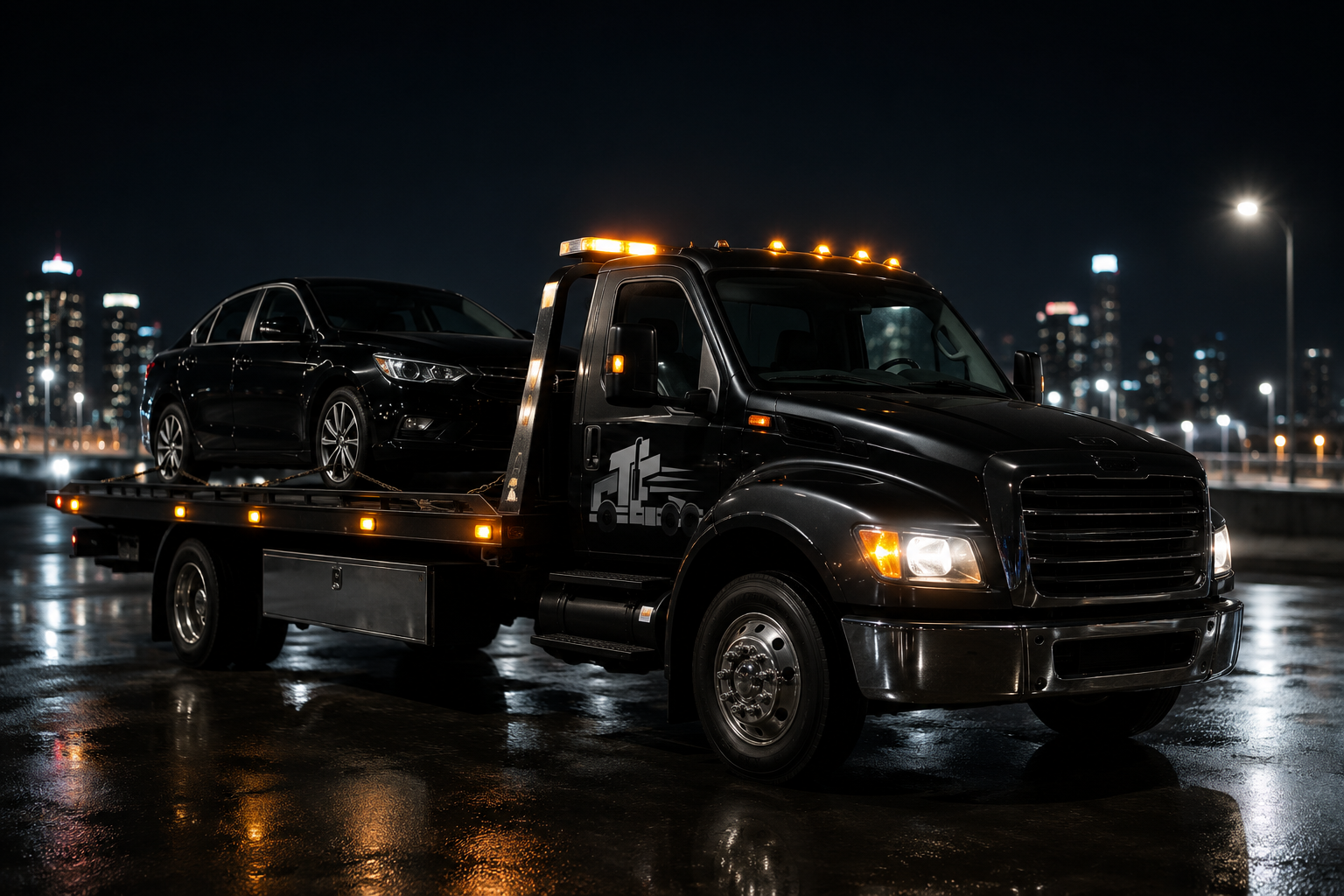 A black tow truck hauling a black sedan at night, with city skyline and streetlights in the background.