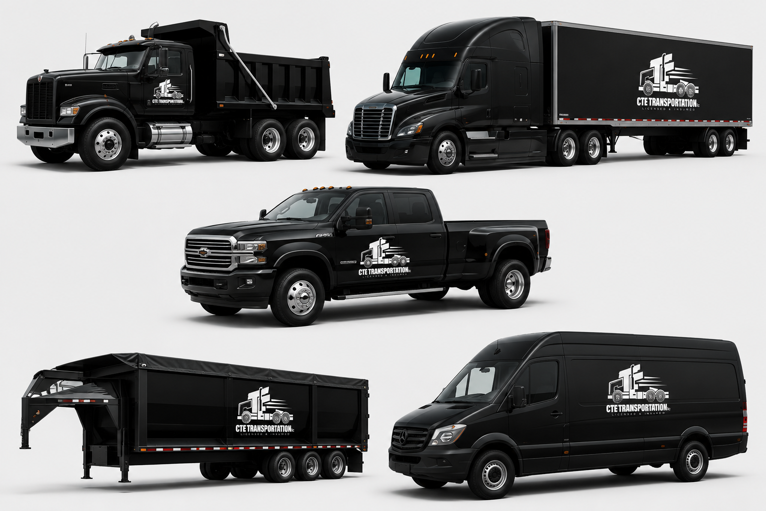 Collection of six black commercial trucks with white company logo reading 'CTE Transportation'.