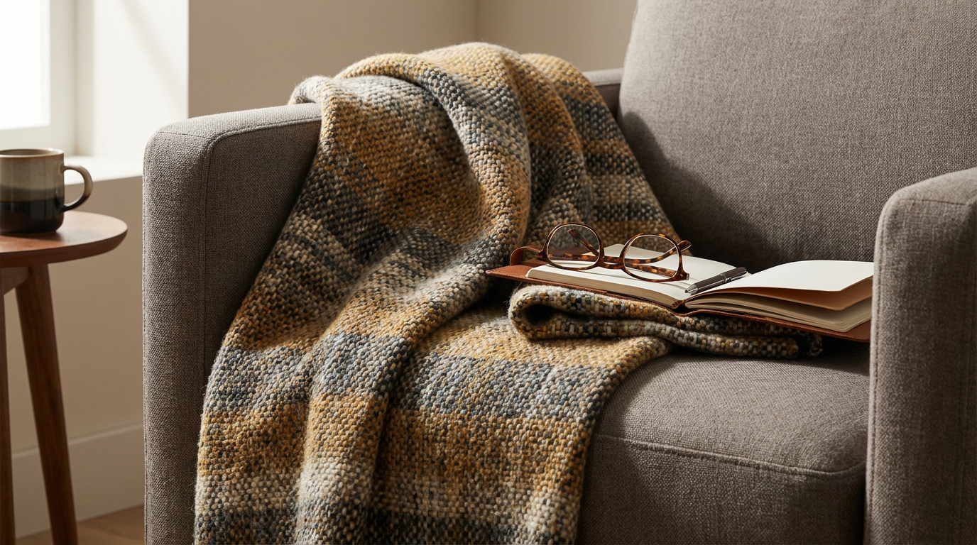 A cozy living room scene with a gray armchair draped with a multicolored plaid blanket. On the armrest, there is an open book with a pair of glasses resting on it. To the left, a small round wooden side table holds a black mug, with a window in the background allowing natural light into the room.
