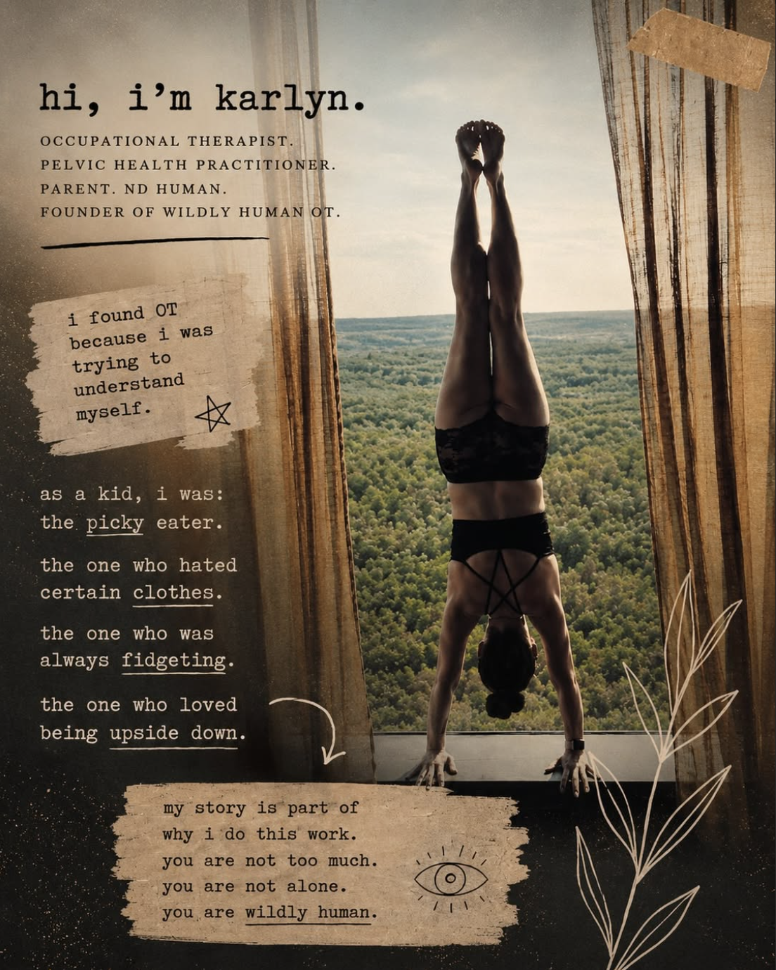 A woman in black workout clothes performing a handstand in a room with large openings showing a wooded landscape outside, with text about Karlyn, an occupational therapist and pelvic health practitioner, sharing her story.