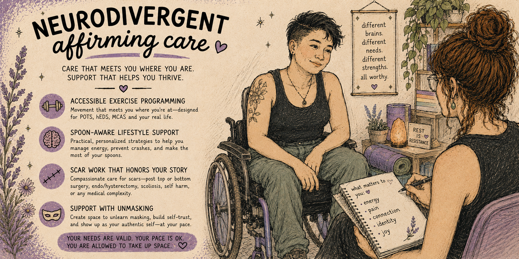 An illustrated scene of two women having a conversation in a cozy room with plants and shelves. One woman is sitting in a wheelchair, wearing a black tank top and green pants, with short dark hair. The other woman, with red curly hair wearing glasses and a black sleeveless top, is taking notes in a notebook. The room has calming decor with motivational signs and a bookshelf.
