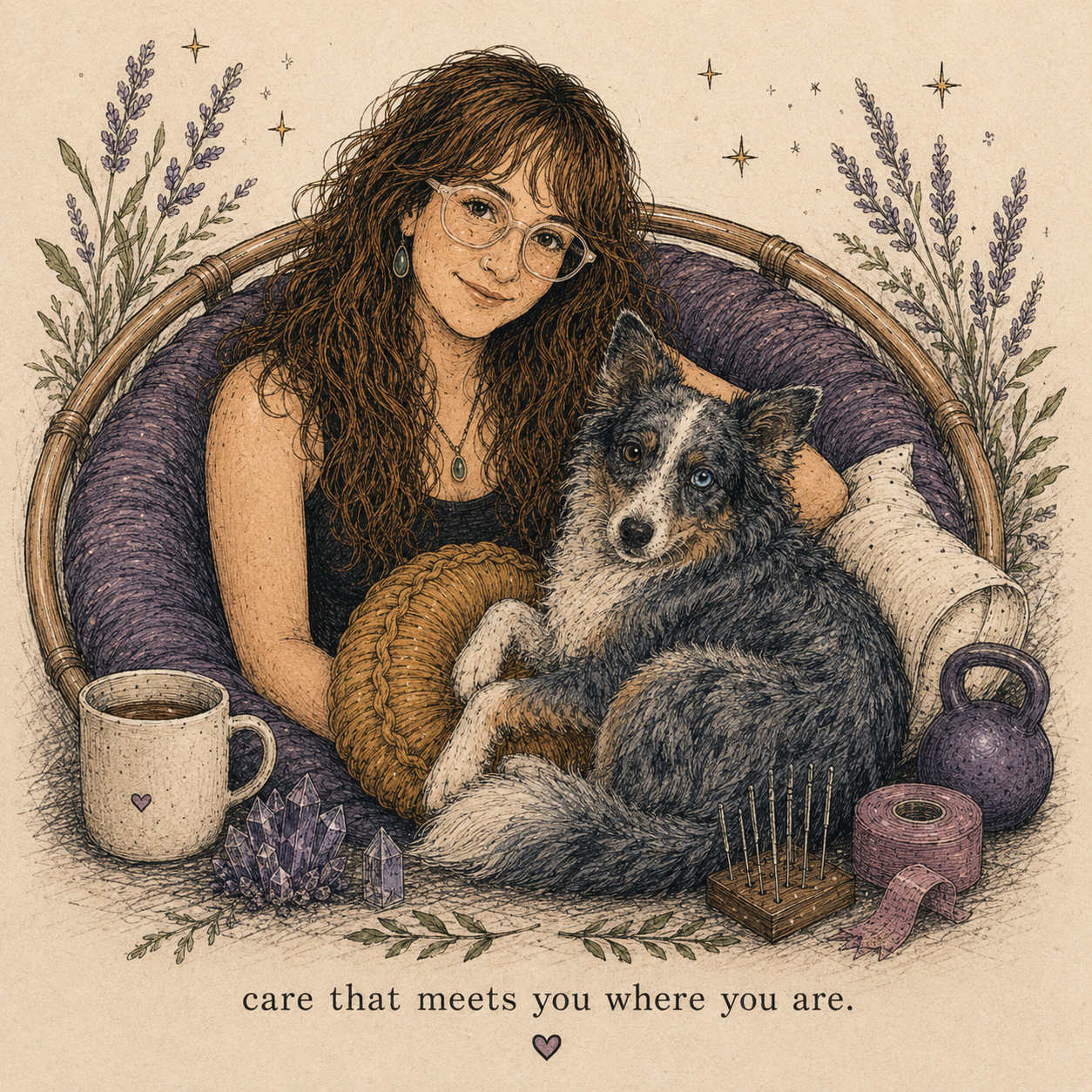 Illustration of a woman with long wavy hair and glasses sitting in a cozy chair with her dog. There are plants, crystals, a candle, a kettlebell, and knitting supplies around them. The text reads 'care that meets you where you are.'