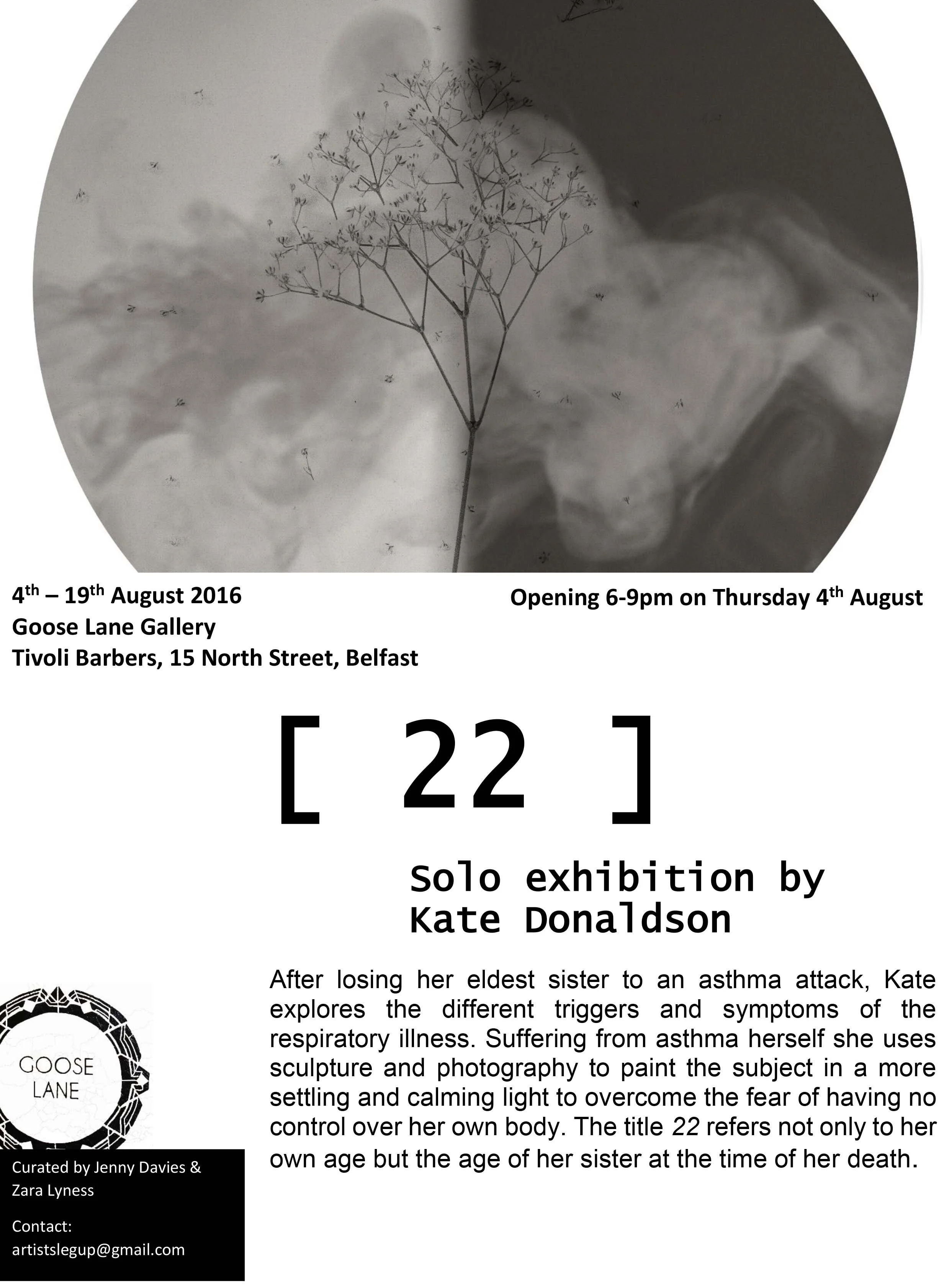 A poster for an art exhibition titled '22'. The event takes place from August 4th to August 19th, 2016, at Goose Lane Gallery in Belfast. The poster mentions the opening hours and the address. It features a black and white photograph of a delicate, dried plant or flower. The exhibition is a solo show by Kate Donaldson, and the poster includes a brief description of her artwork, which explores the experience of losing her eldest sister to asthma and her artistic process involving sculpture and photography. It also credits Jenny Davies and Zara Lyness as curators and provides an email contact.