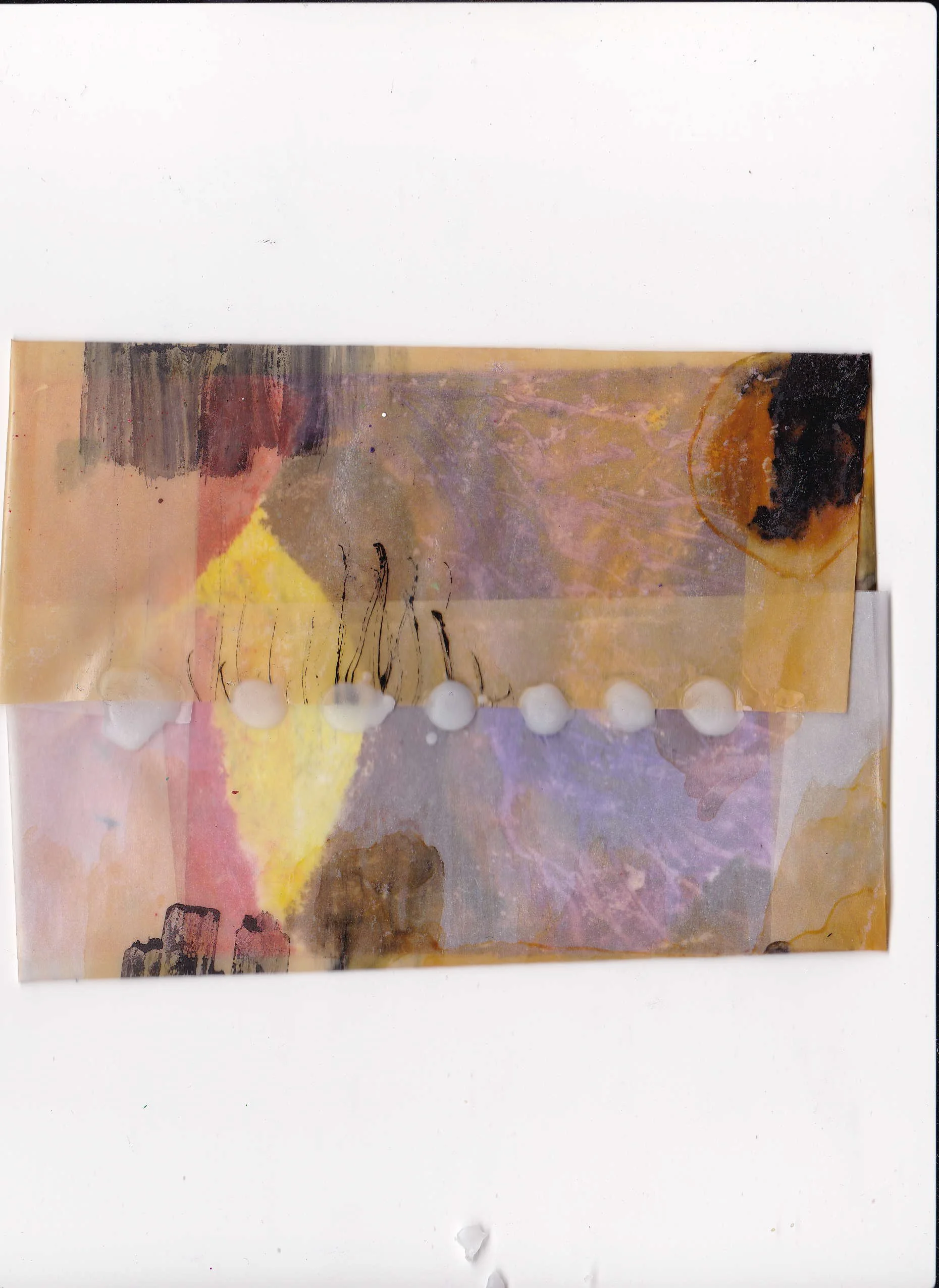 Abstract painting with pastel colors, featuring dark patches, swirls, and brushstrokes on a mixed background.