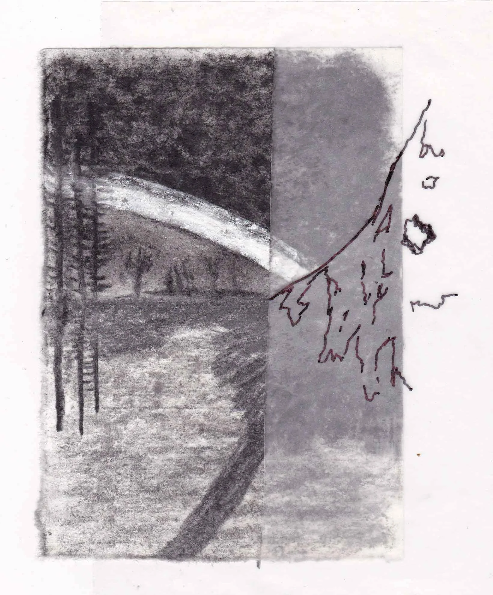 Black and white drawing of a landscape with a large tree and road, with handwritten notes on the right side.