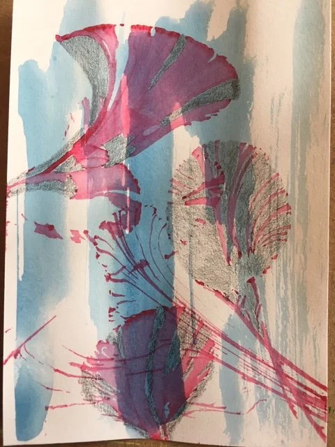 Abstract floral artwork with pink, blue, purple, and gray colors on paper.