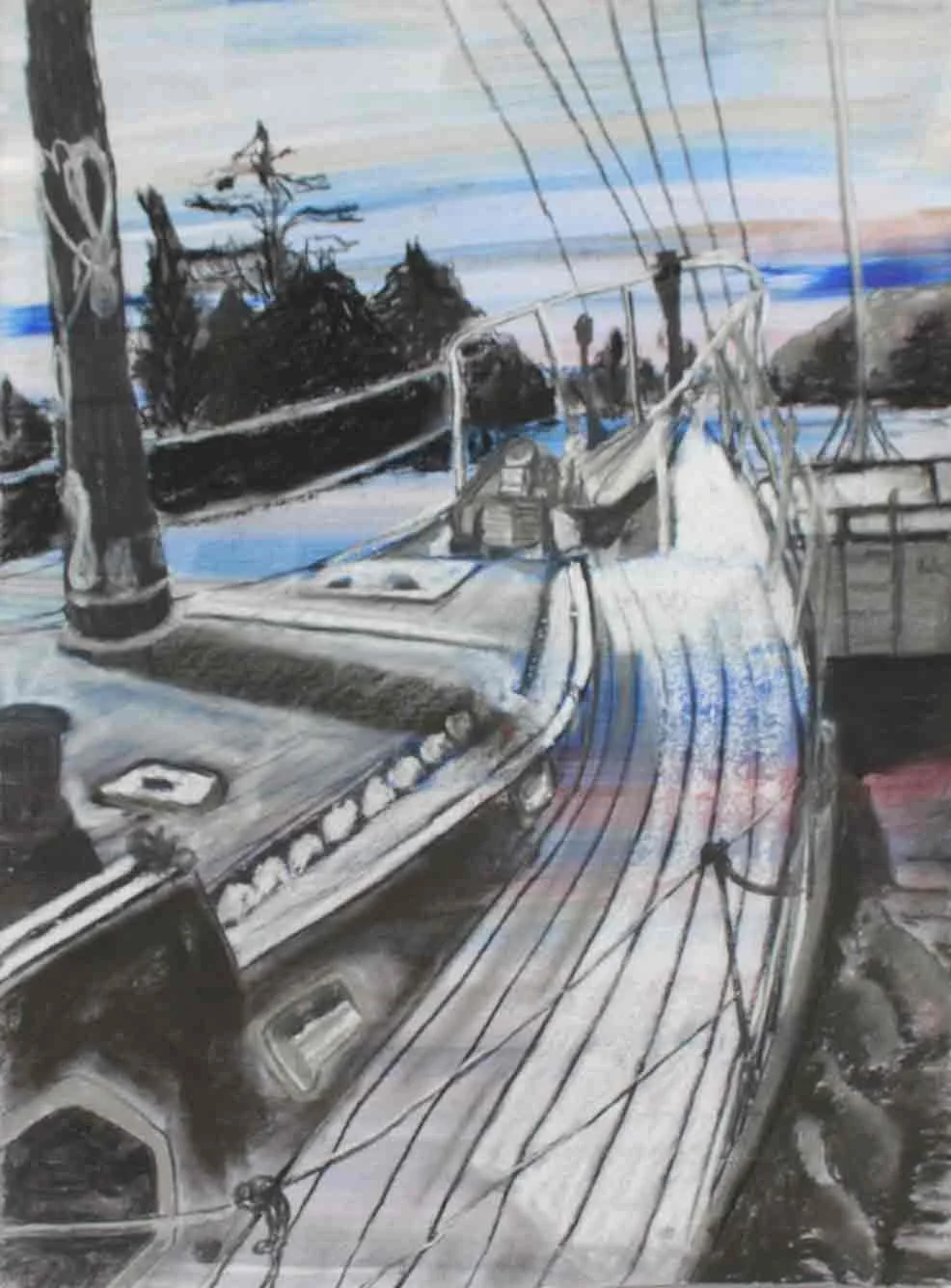A painted scene of a boat dock with a yacht, power lines, trees, and a sky with hints of sunset colors.