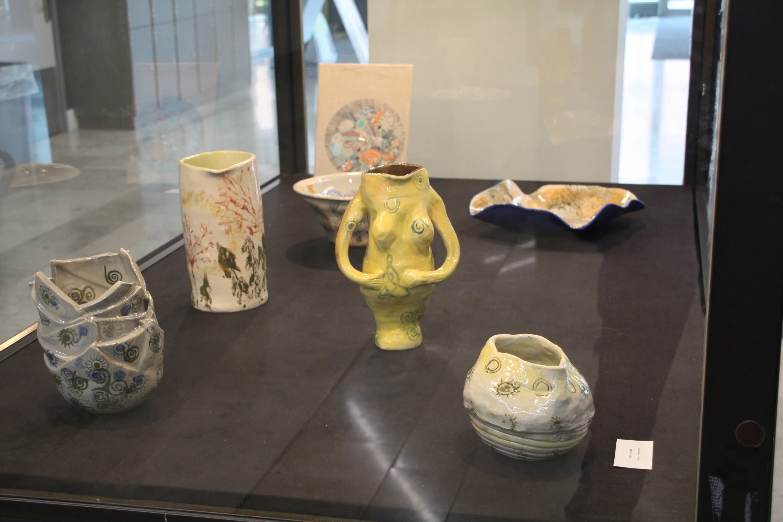 Display of various ceramic pottery and vases with artistic designs arranged behind glass at an art exhibit.