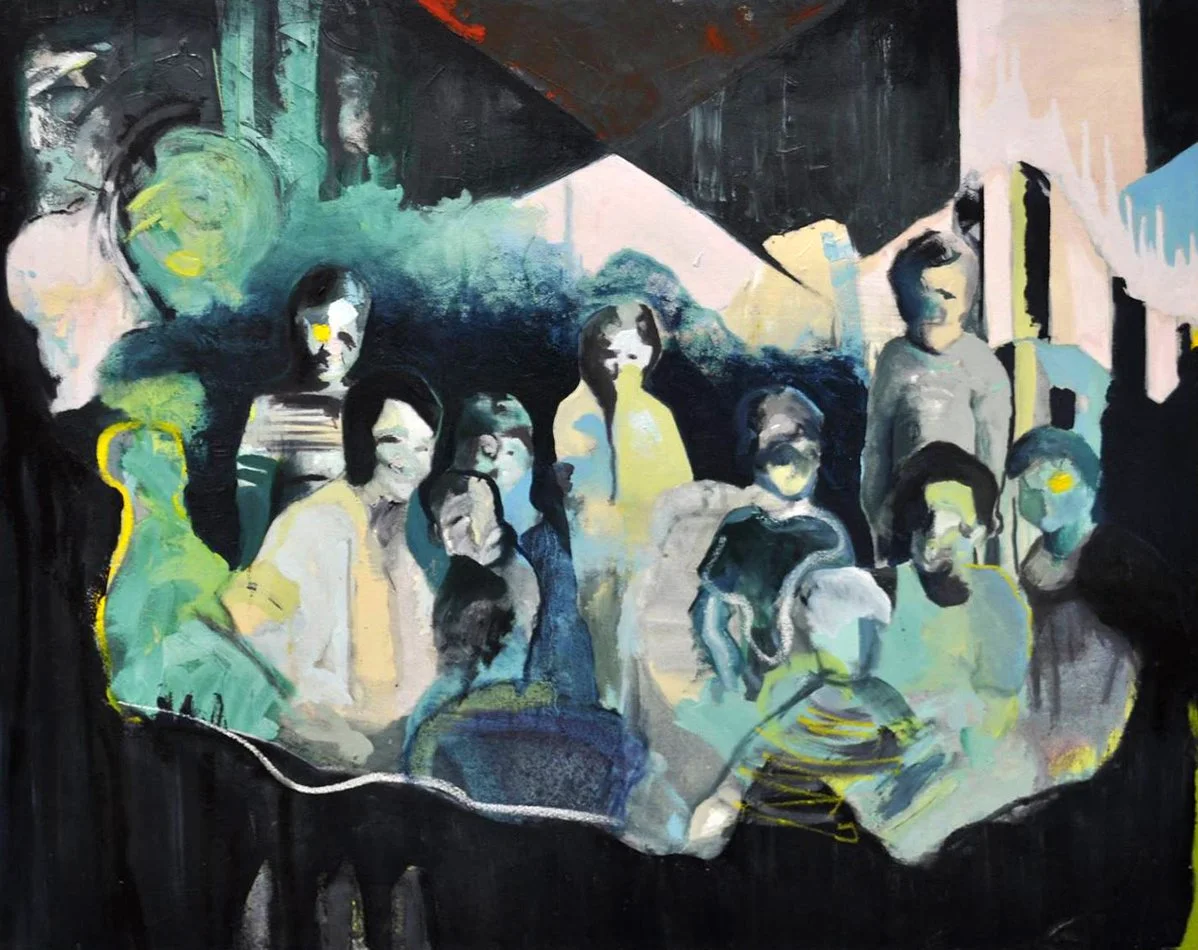 An abstract painting of a group of people gathered together, with some figures standing and others sitting, rendered in muted colors with expressive brushstrokes.