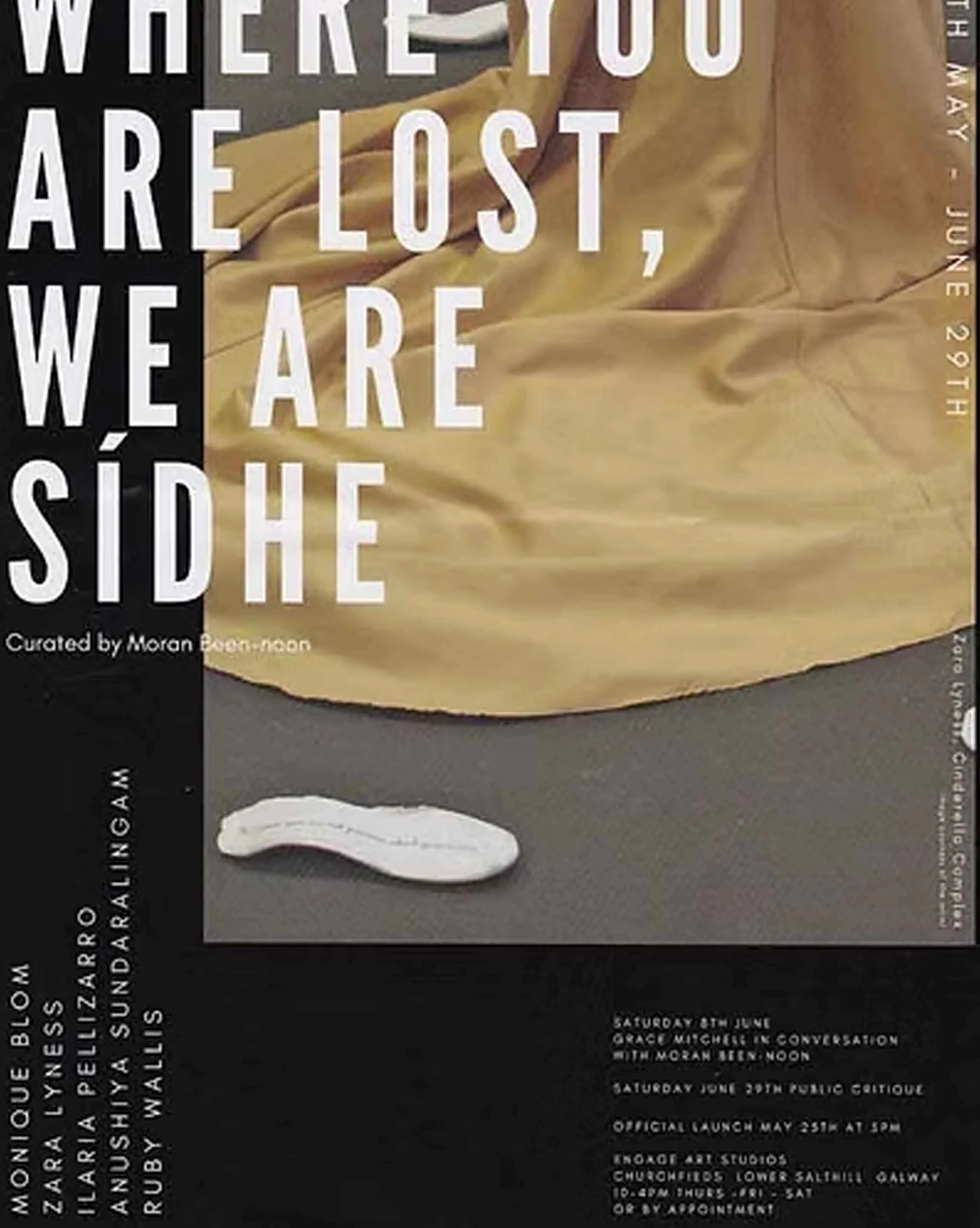 A promotional poster for an art exhibition titled "Where You Are Lost, We Are Side" curated by Moran Beeri, featuring a beige fabric backdrop with large white text overlay. The poster provides event details, including the date, time, location at Knoedler Art Studios, and contact information, with side text listing participating artists.