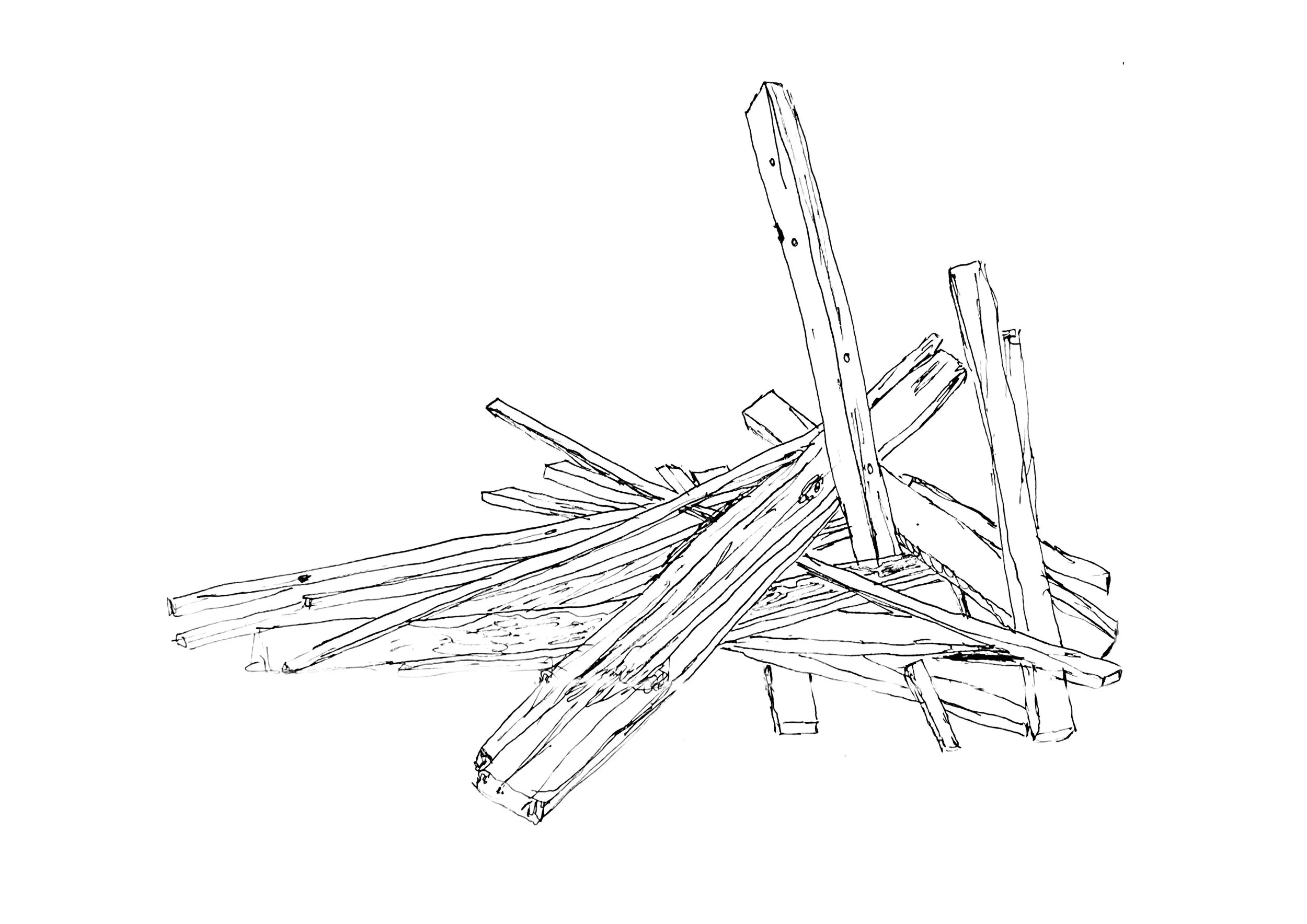 Line drawing of a pile of wooden planks and beams, some stacked and others scattered.
