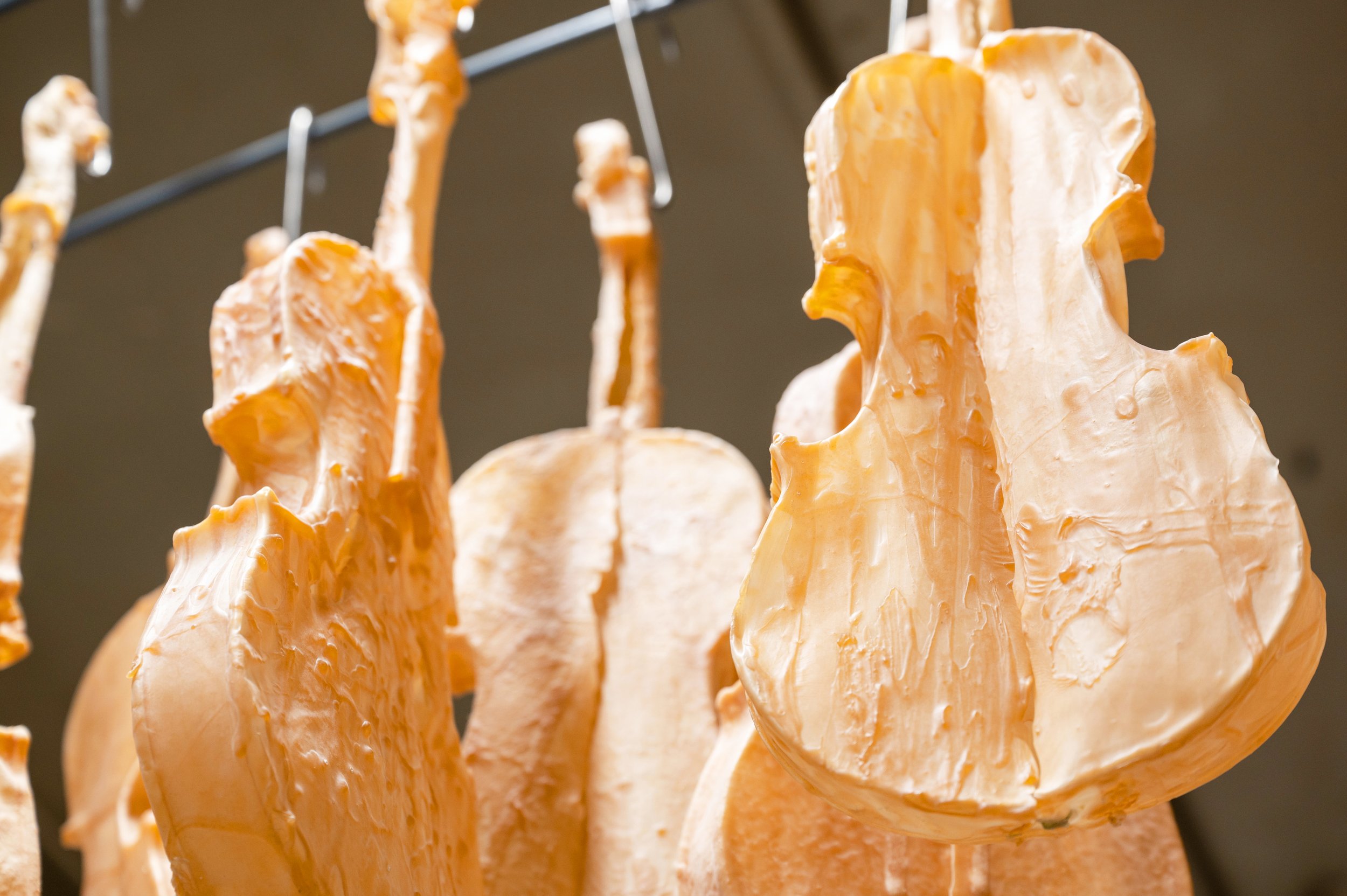 Close-up of multiple latex violins skins